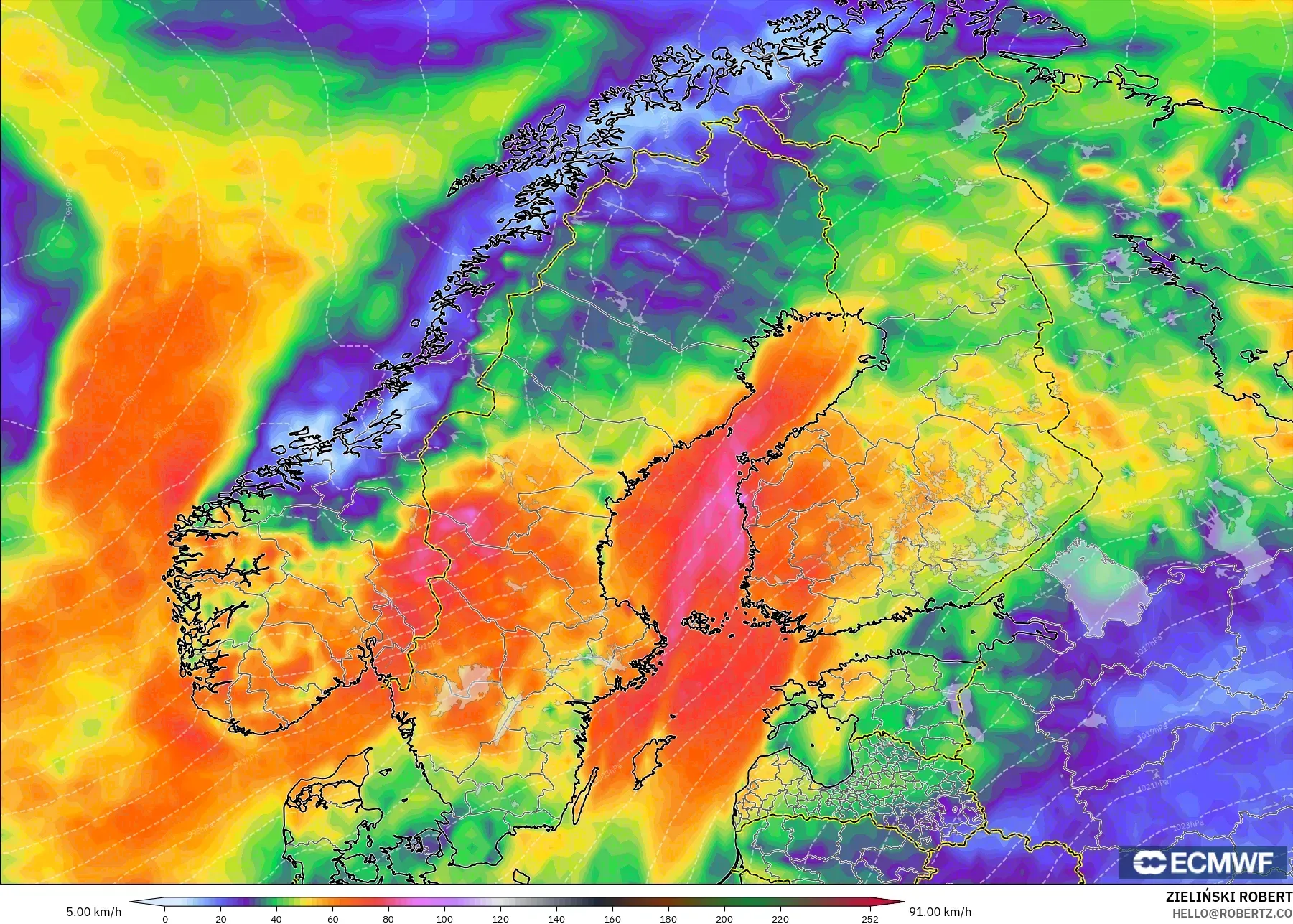 ECMWF IFS 0.25° model - İskandinavya, Rüzgâr Esintileri