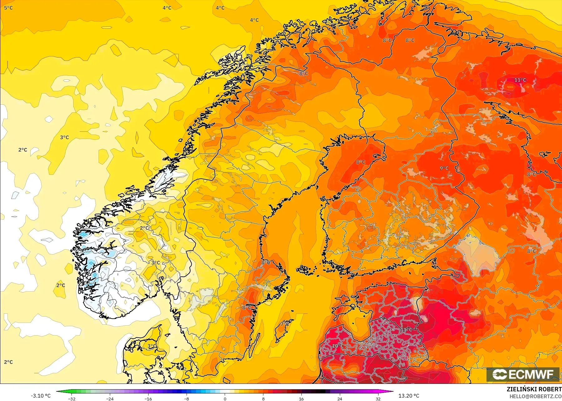 ECMWF IFS 0.25° model - İskandinavya, 2 m Sıcaklık Anomalisi