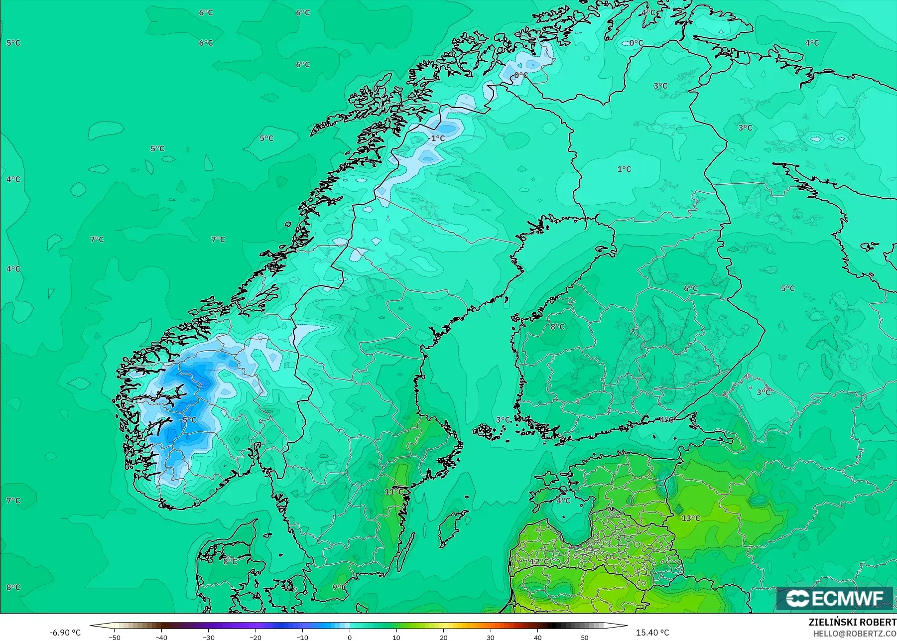 ECMWF IFS 0.25° model - İskandinavya, 2 m Sıcaklık