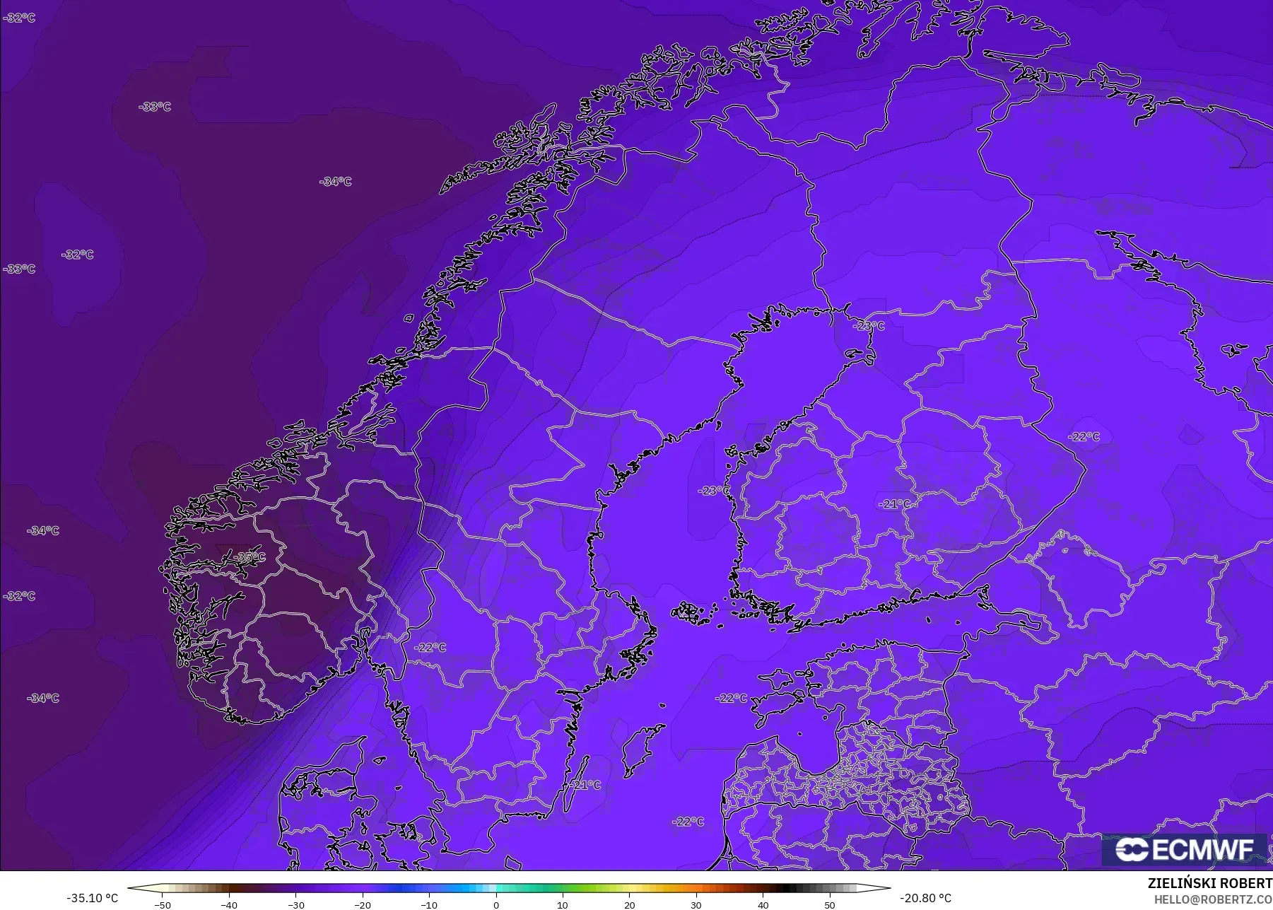 ECMWF IFS 0.25° model - İskandinavya, 500 hPa Sıcaklık