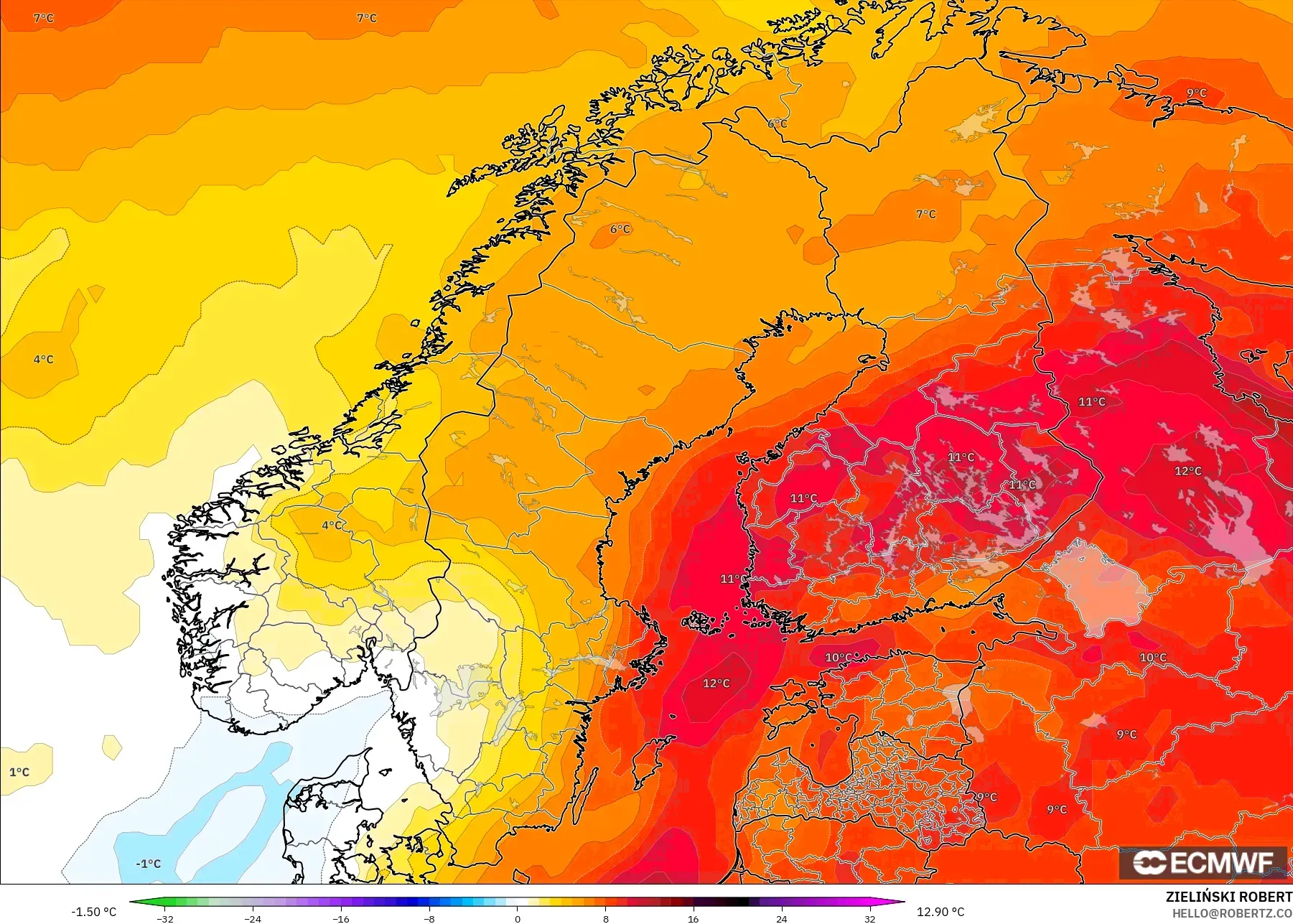 ECMWF IFS 0.25° model - İskandinavya, 850 hPa Sıcaklık Anomalisi