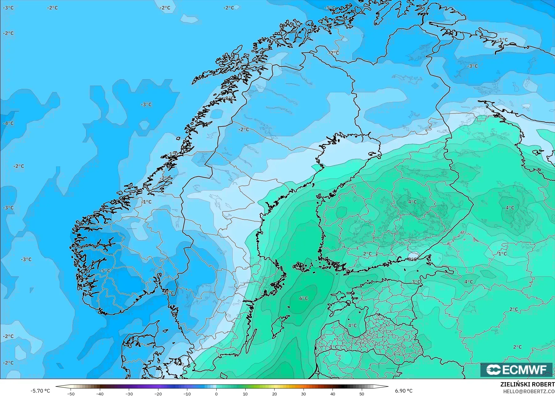 ECMWF IFS 0.25° model - İskandinavya, 850 hPa Sıcaklık