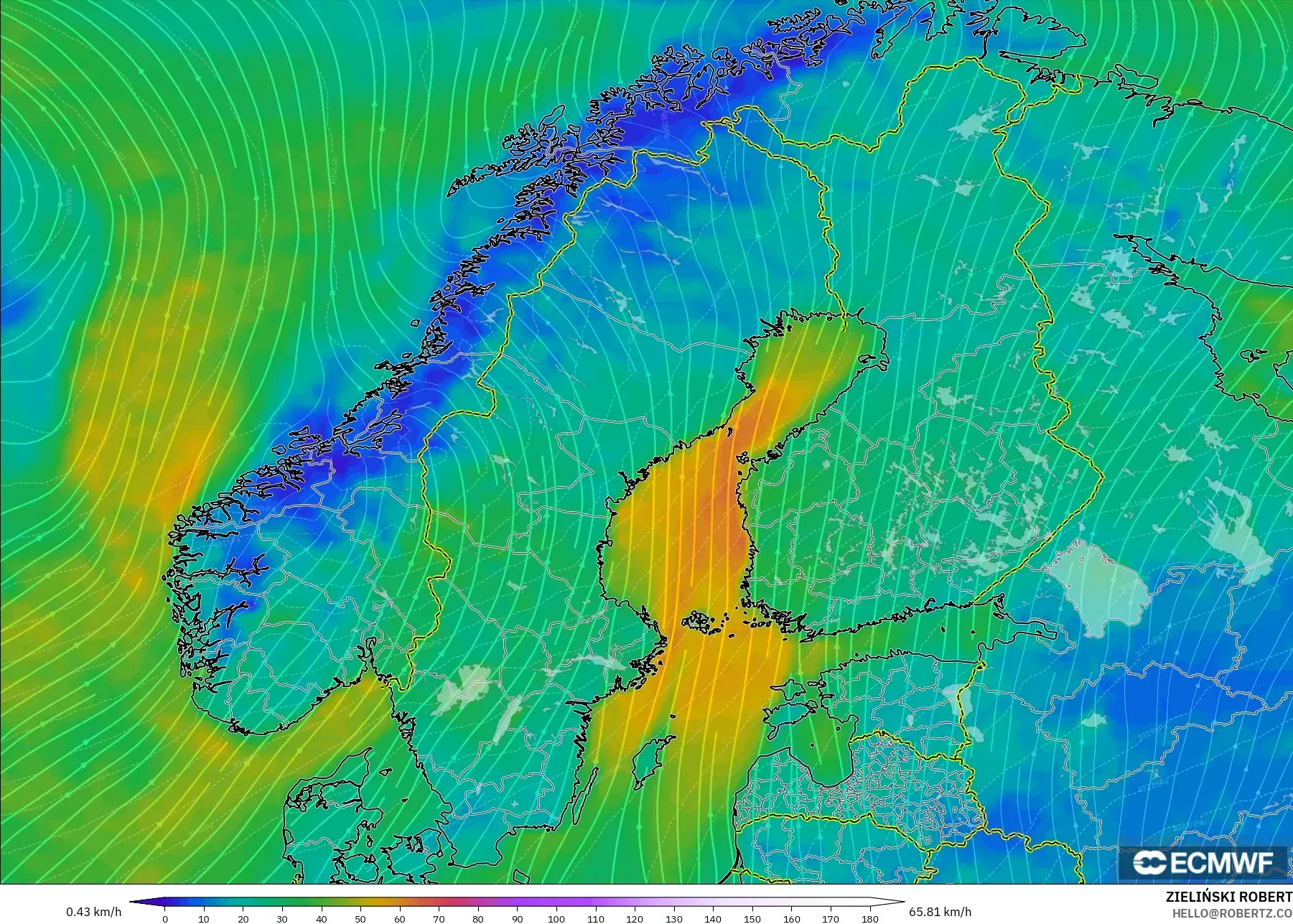 ECMWF IFS 0.25° model - İskandinavya, 10 m Rüzgâr