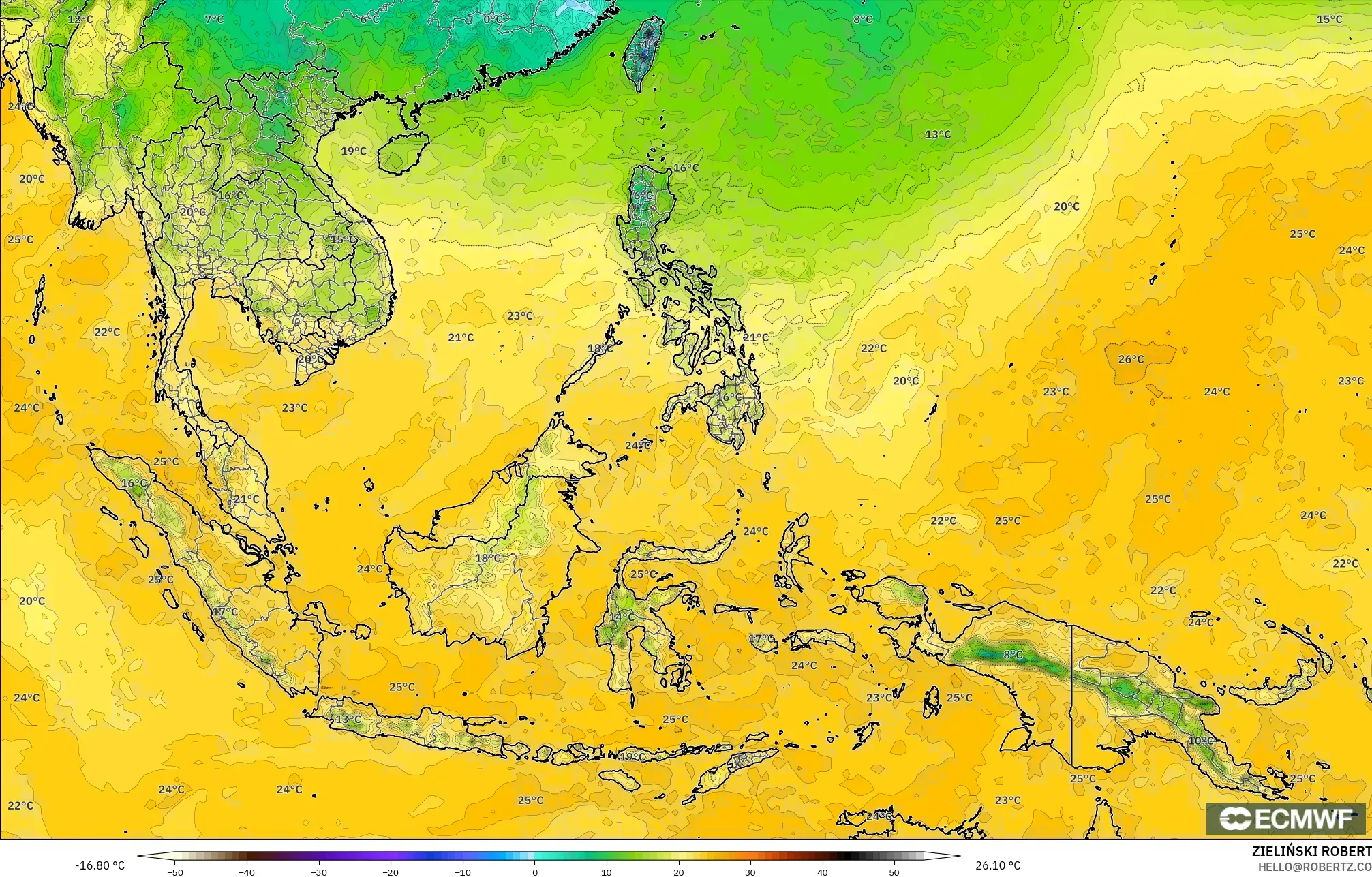 ECMWF IFS 0.25° model - Güneydoğu Asya, 2 m Çiy Noktası