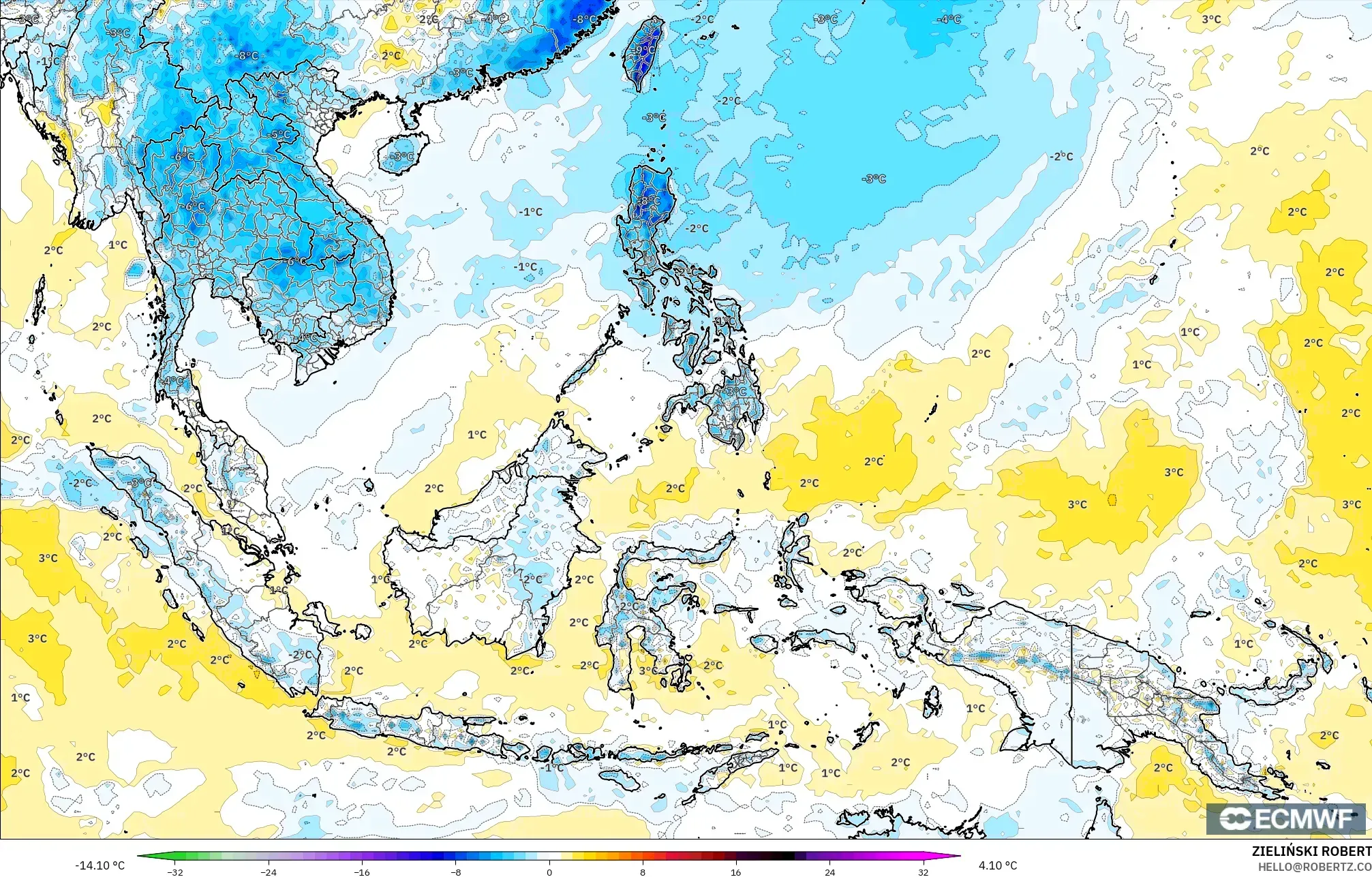 ECMWF IFS 0.25° model - Güneydoğu Asya, 2 m Sıcaklık Anomalisi