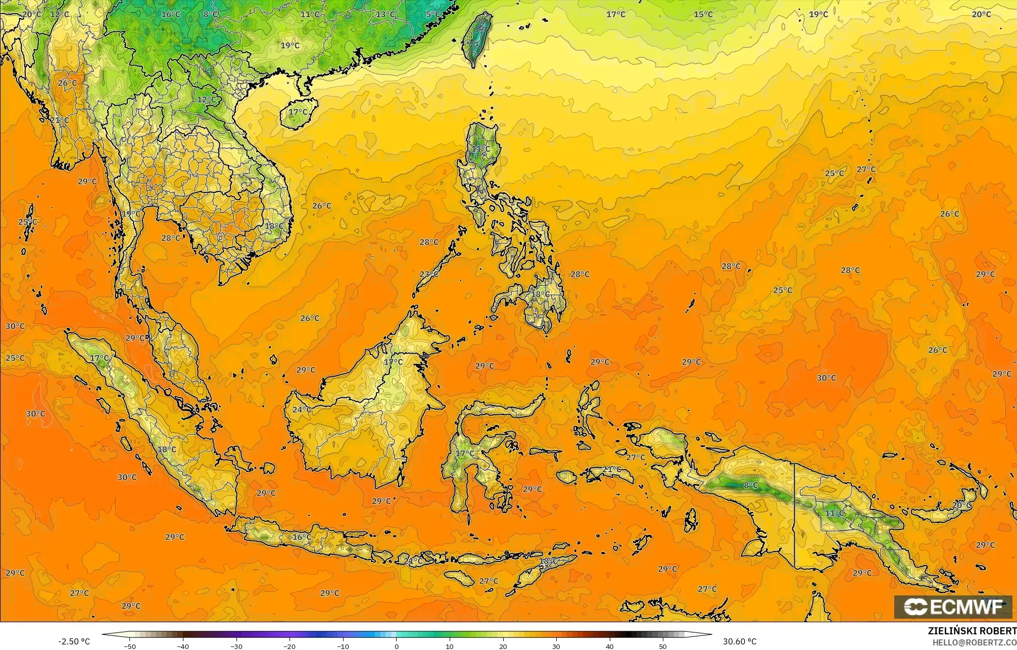 ECMWF IFS 0.25° model - Güneydoğu Asya, 2 m Sıcaklık