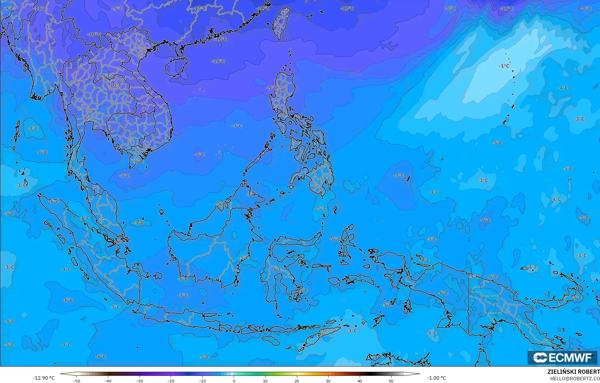ECMWF IFS 0.25° model - Güneydoğu Asya, 500 hPa Sıcaklık