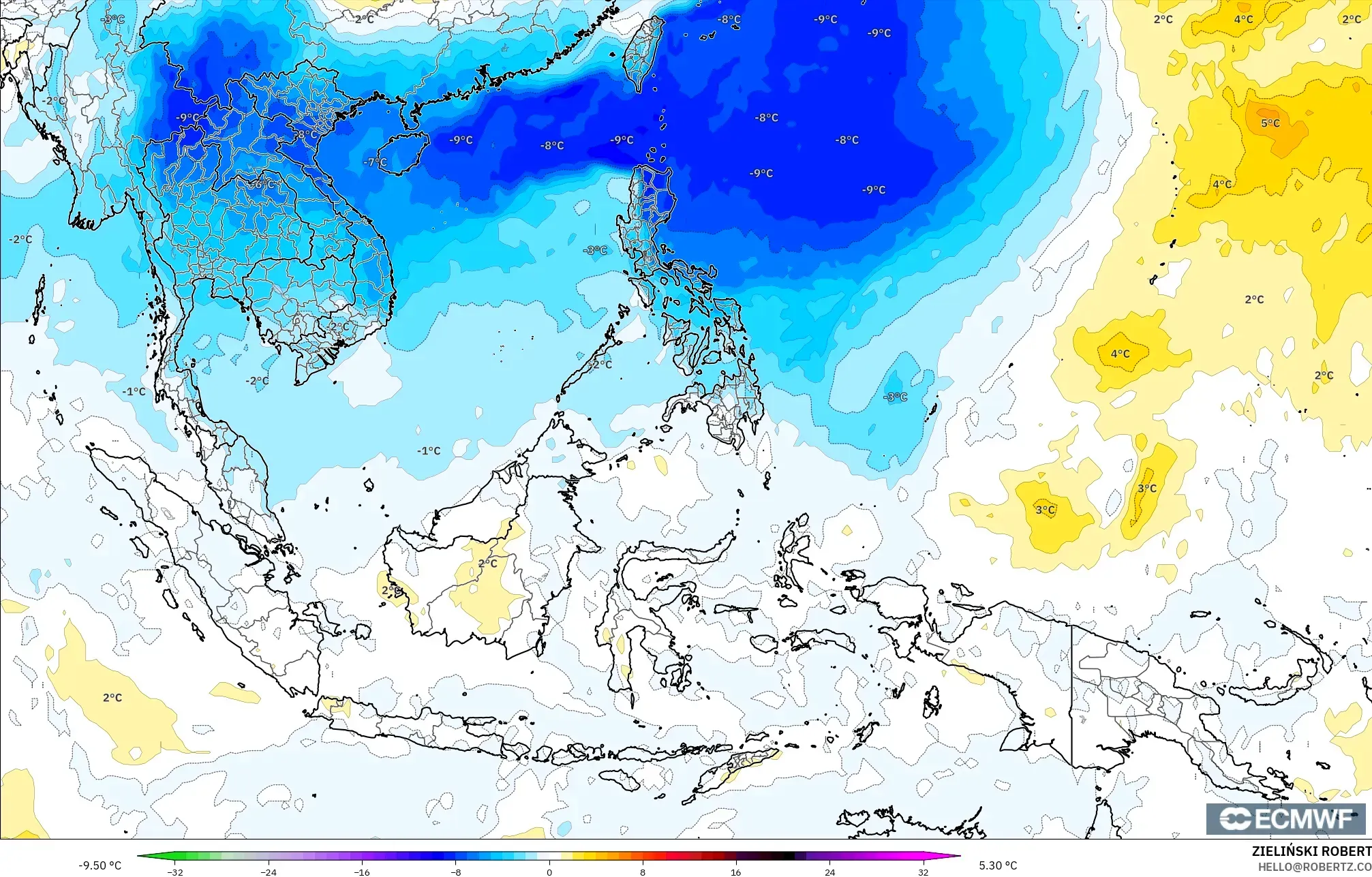 ECMWF IFS 0.25° model - Güneydoğu Asya, 850 hPa Sıcaklık Anomalisi