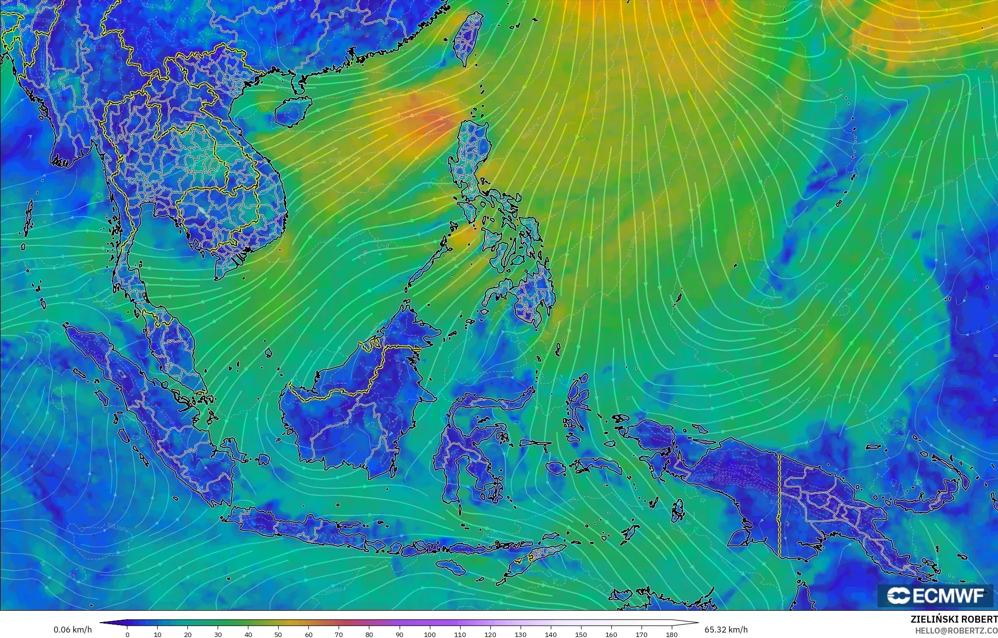 ECMWF IFS 0.25° model - Güneydoğu Asya, 10 m Rüzgâr
