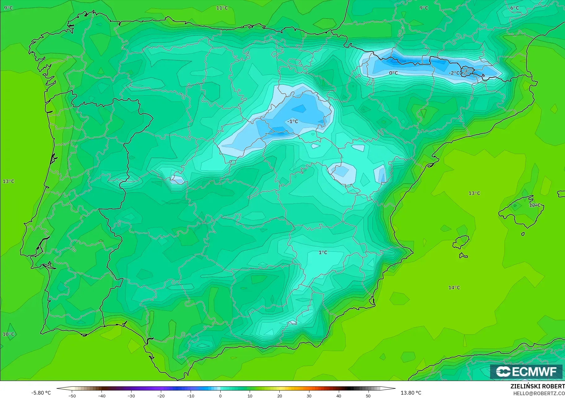 ECMWF IFS 0.25° model - İspanya, 2 m Çiy Noktası