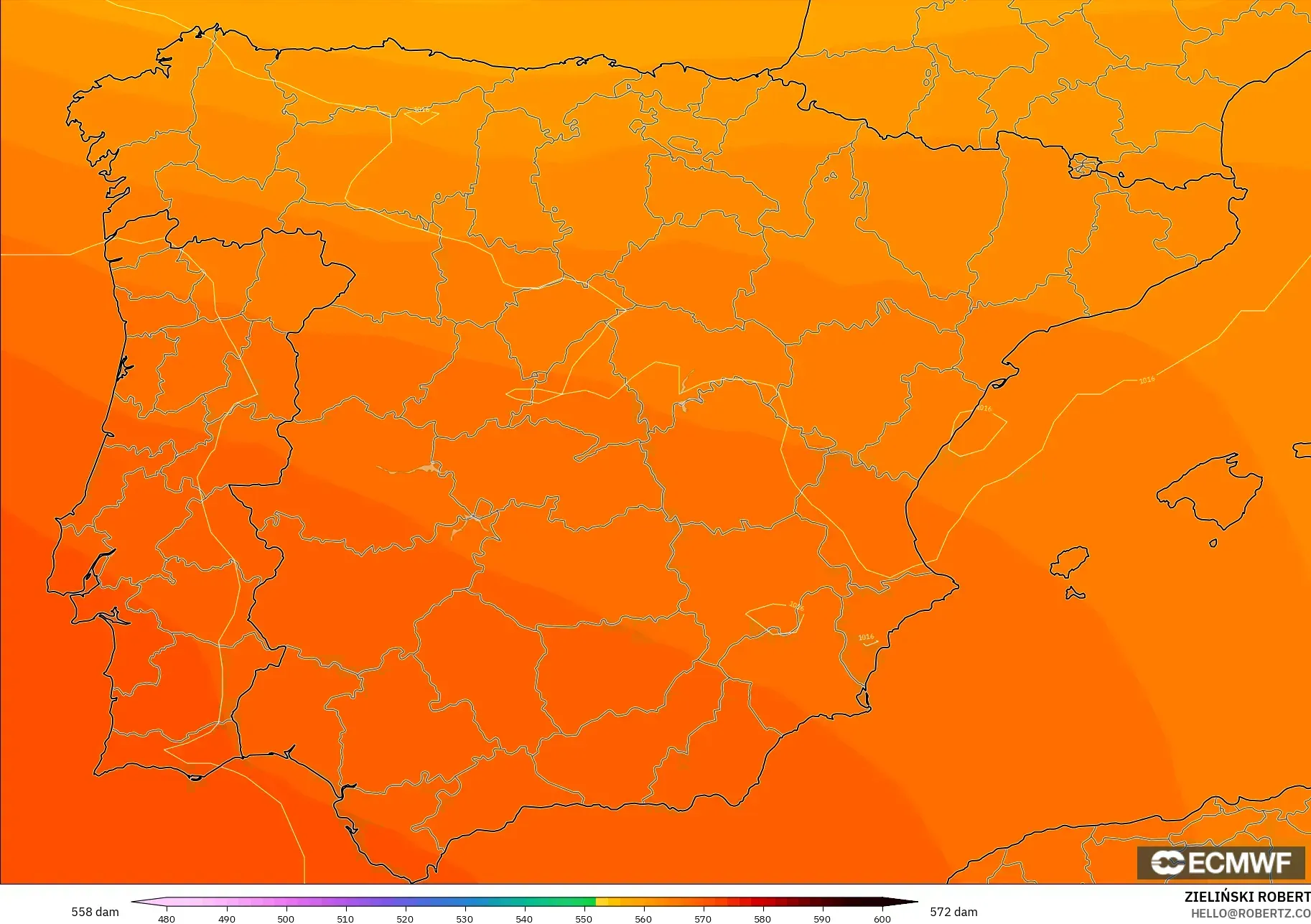 ECMWF IFS 0.25° model - İspanya, 500 hPa’da jeopotansiyel yükseklik