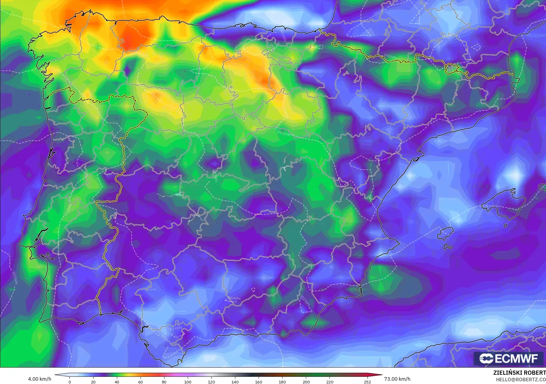 ECMWF IFS 0.25° model - İspanya, En Yüksek Rüzgâr
