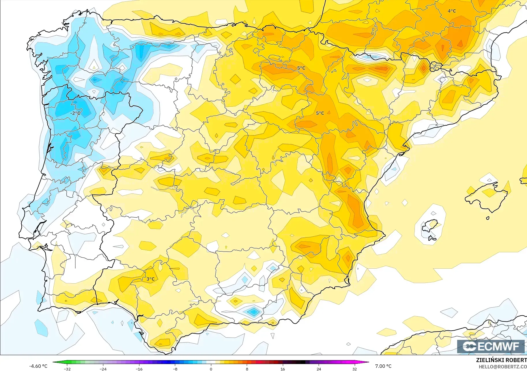 ECMWF IFS 0.25° model - İspanya, 2 m Sıcaklık Anomalisi