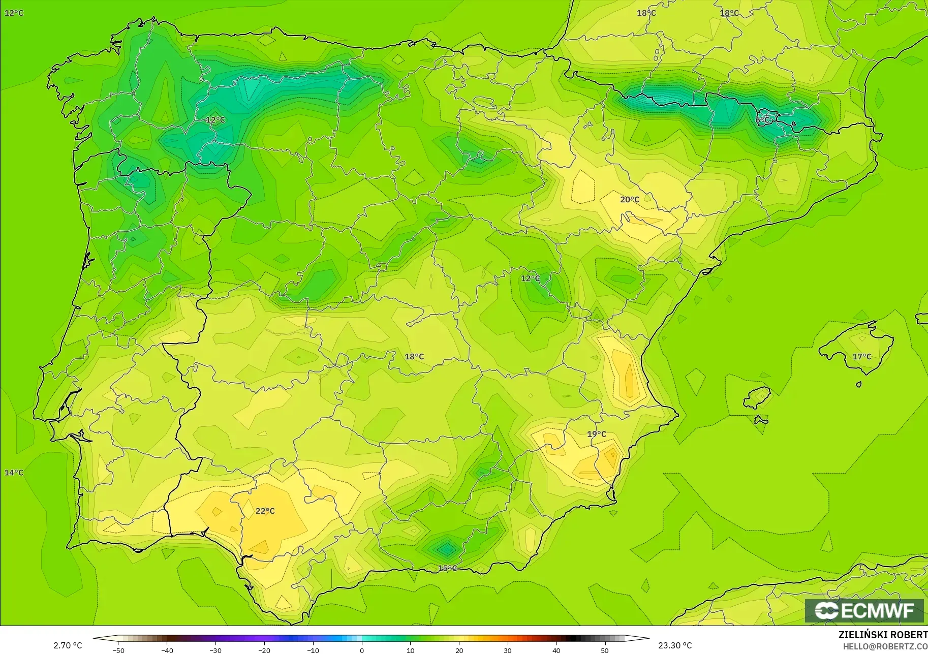 ECMWF IFS 0.25° model - İspanya, 2 m Sıcaklık