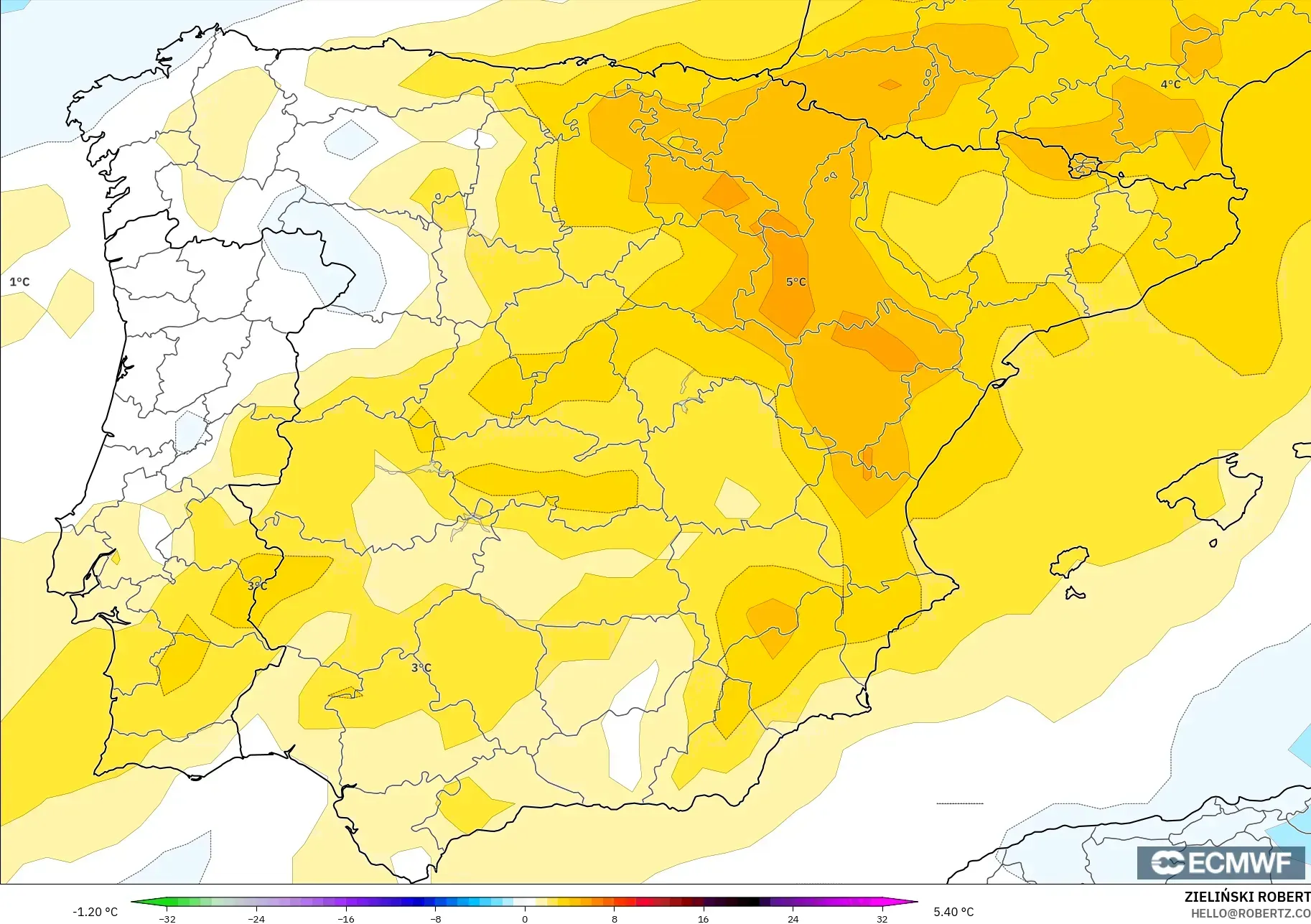 ECMWF IFS 0.25° model - İspanya, 850 hPa Sıcaklık Anomalisi