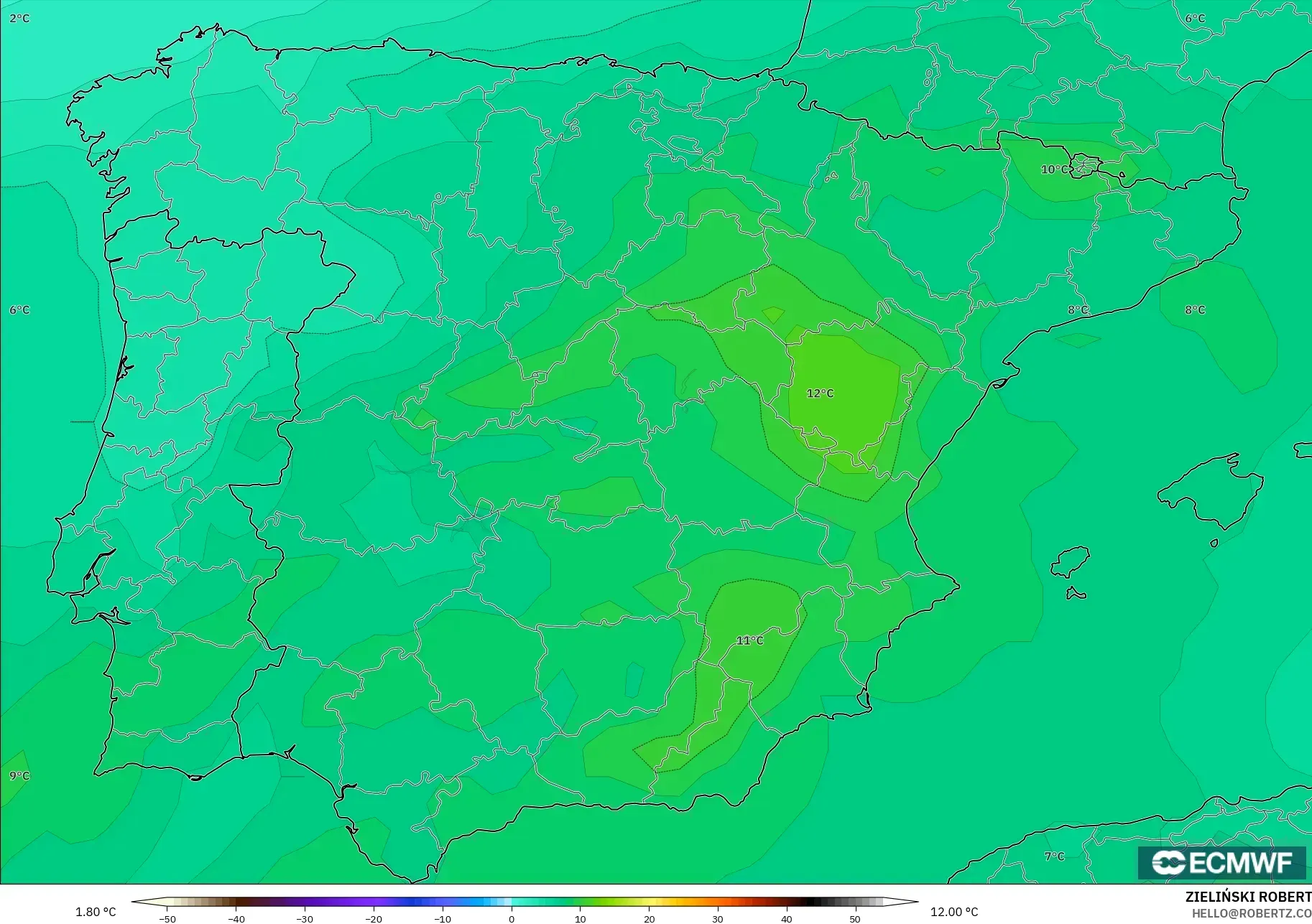 ECMWF IFS 0.25° model - İspanya, 850 hPa Sıcaklık