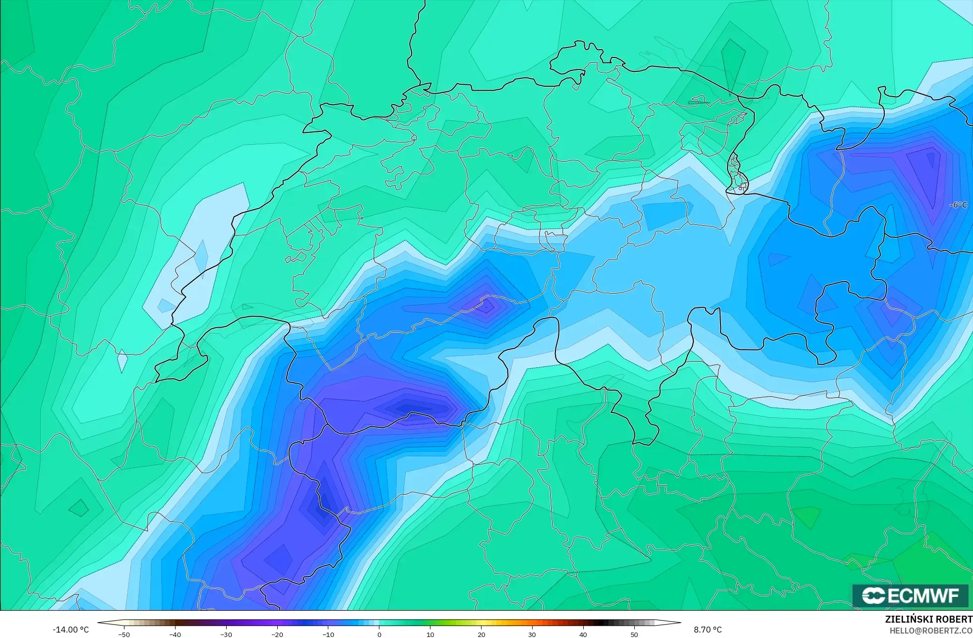 ECMWF IFS 0.25° model - İsviçre, 2 m Çiy Noktası