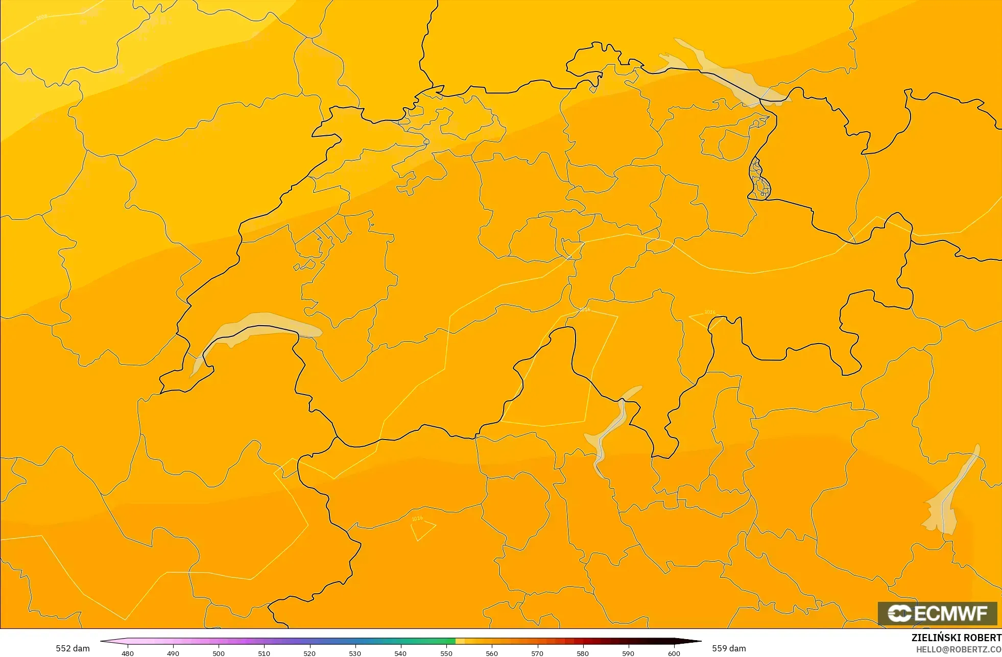 ECMWF IFS 0.25° model - İsviçre, 500 hPa’da jeopotansiyel yükseklik