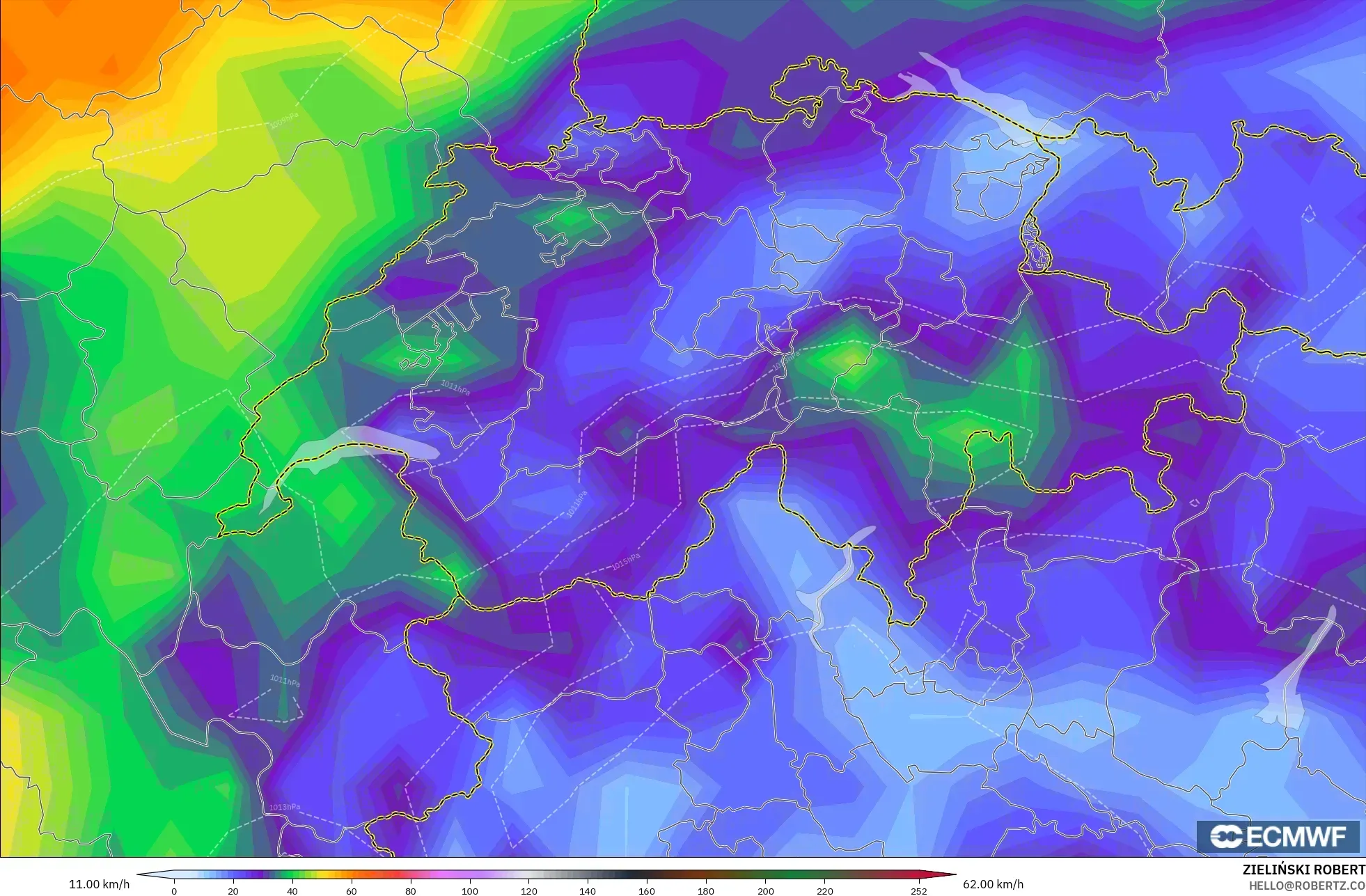 ECMWF IFS 0.25° model - İsviçre, En Yüksek Rüzgâr
