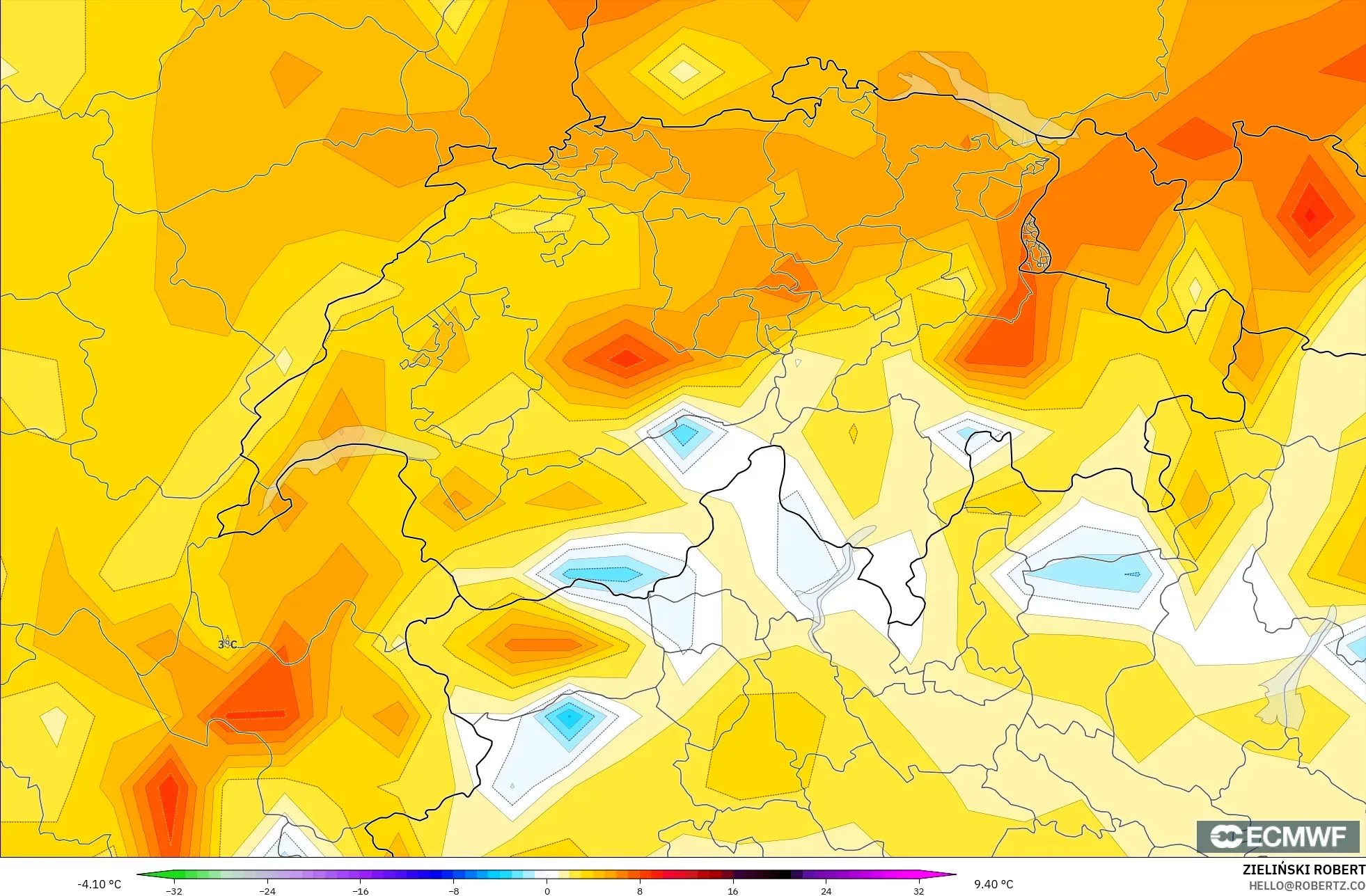 ECMWF IFS 0.25° model - İsviçre, 2 m Sıcaklık Anomalisi