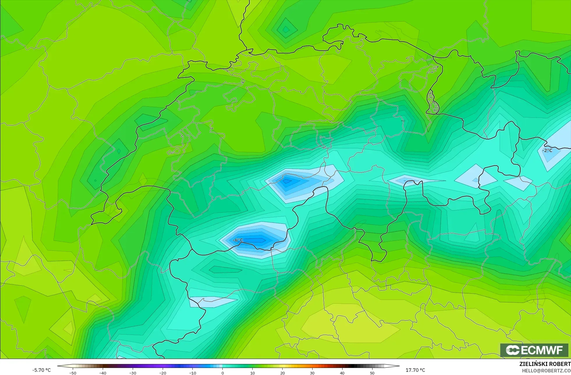 ECMWF IFS 0.25° model - İsviçre, 2 m Sıcaklık