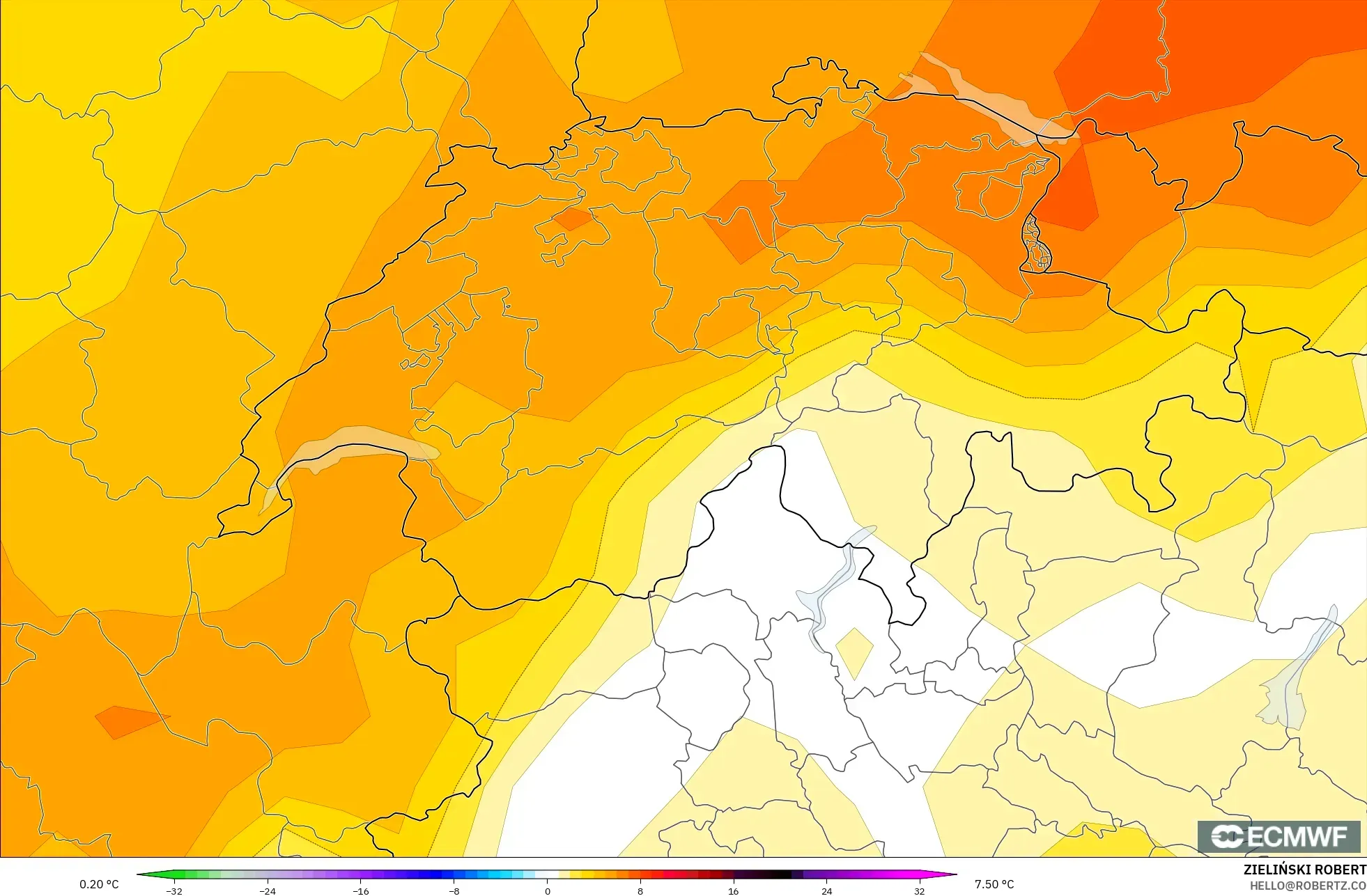 ECMWF IFS 0.25° model - İsviçre, 850 hPa Sıcaklık Anomalisi