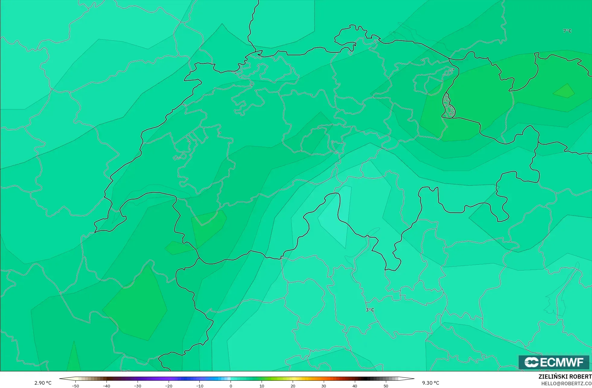 ECMWF IFS 0.25° model - İsviçre, 850 hPa Sıcaklık