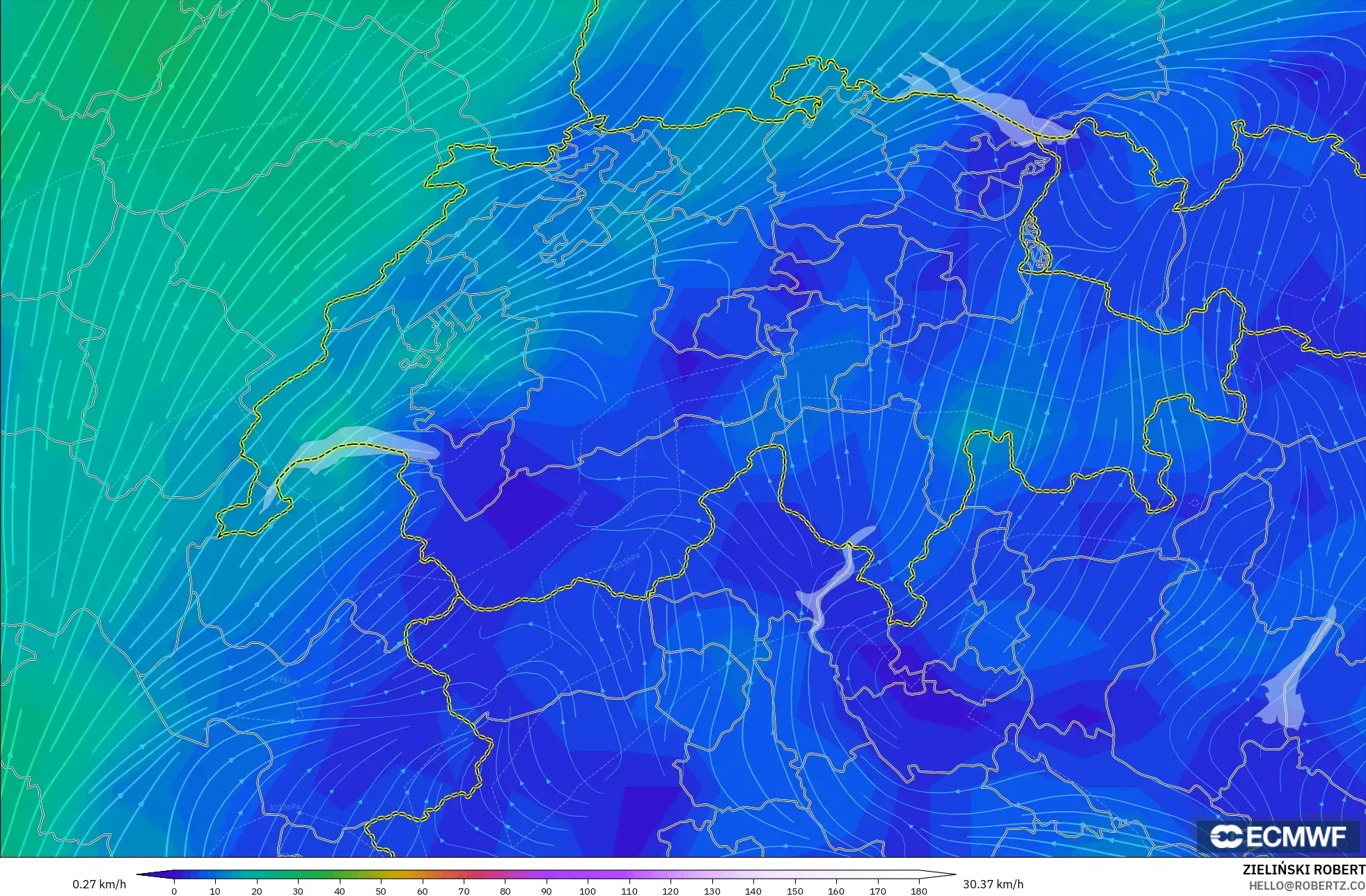 ECMWF IFS 0.25° model - İsviçre, 10 m Rüzgâr