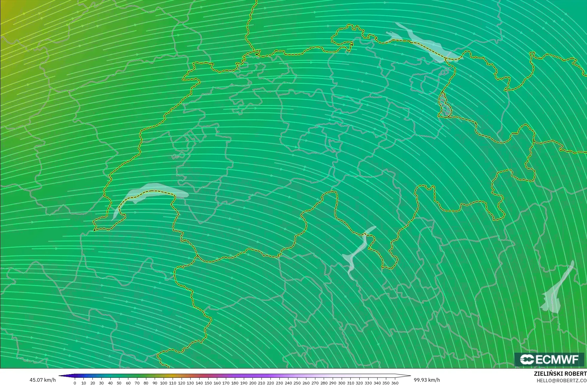 ECMWF IFS 0.25° model - İsviçre, 300 hPa Rüzgârı (jet)