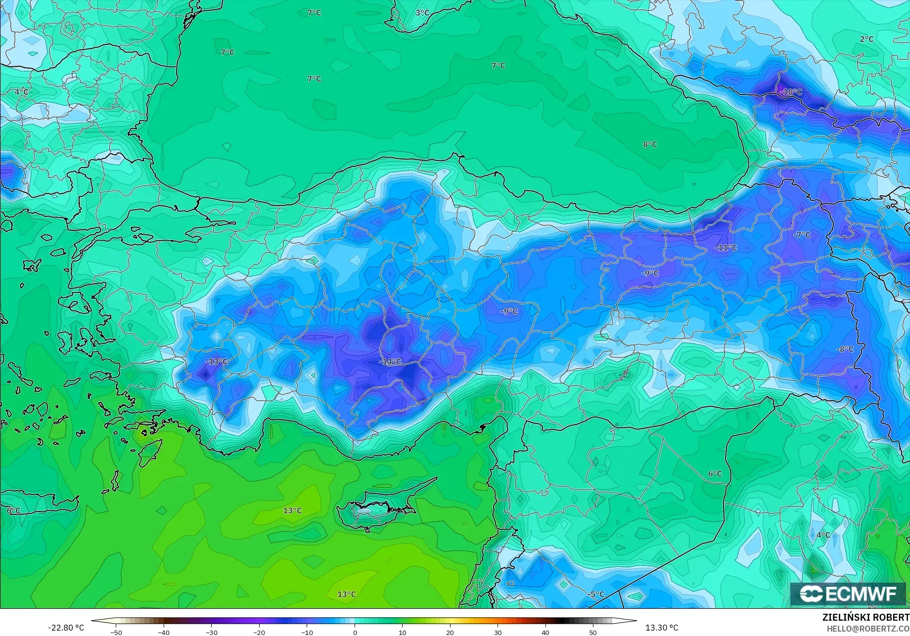 ECMWF IFS 0.25° model - Türkiye, 2 m Çiy Noktası