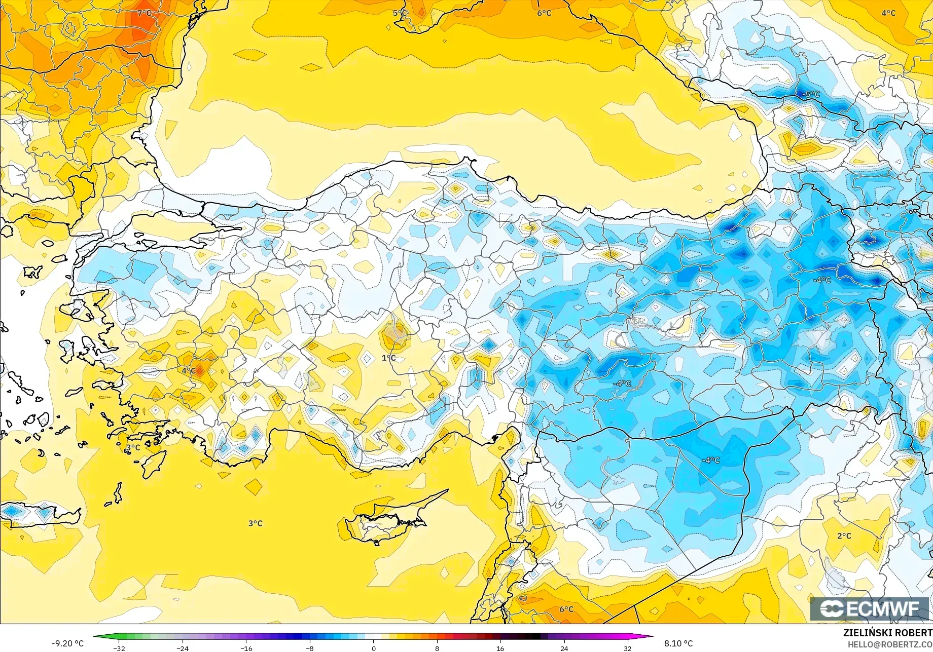 ECMWF IFS 0.25° model - Türkiye, 2 m Sıcaklık Anomalisi