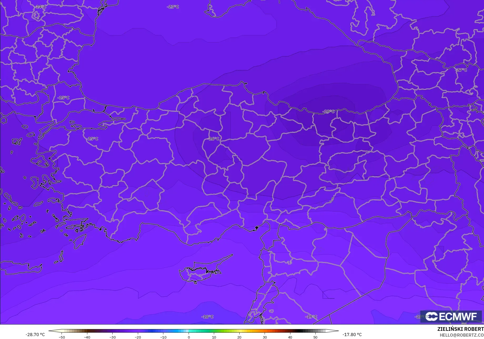 ECMWF IFS 0.25° model - Türkiye, 500 hPa Sıcaklık