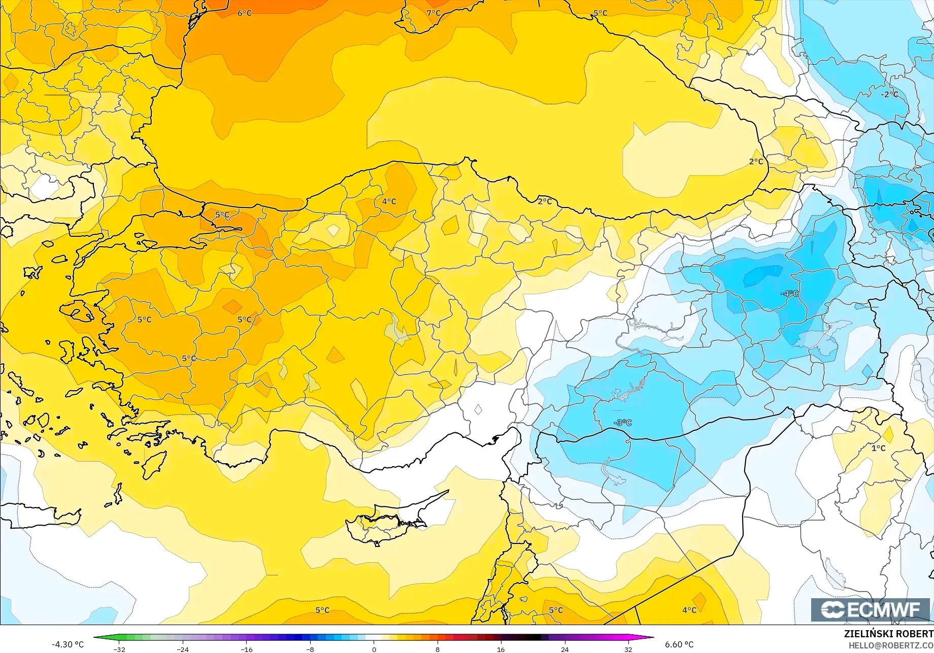 ECMWF IFS 0.25° model - Türkiye, 850 hPa Sıcaklık Anomalisi