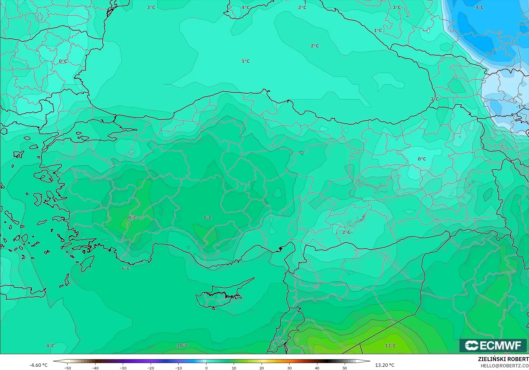 ECMWF IFS 0.25° model - Türkiye, 850 hPa Sıcaklık