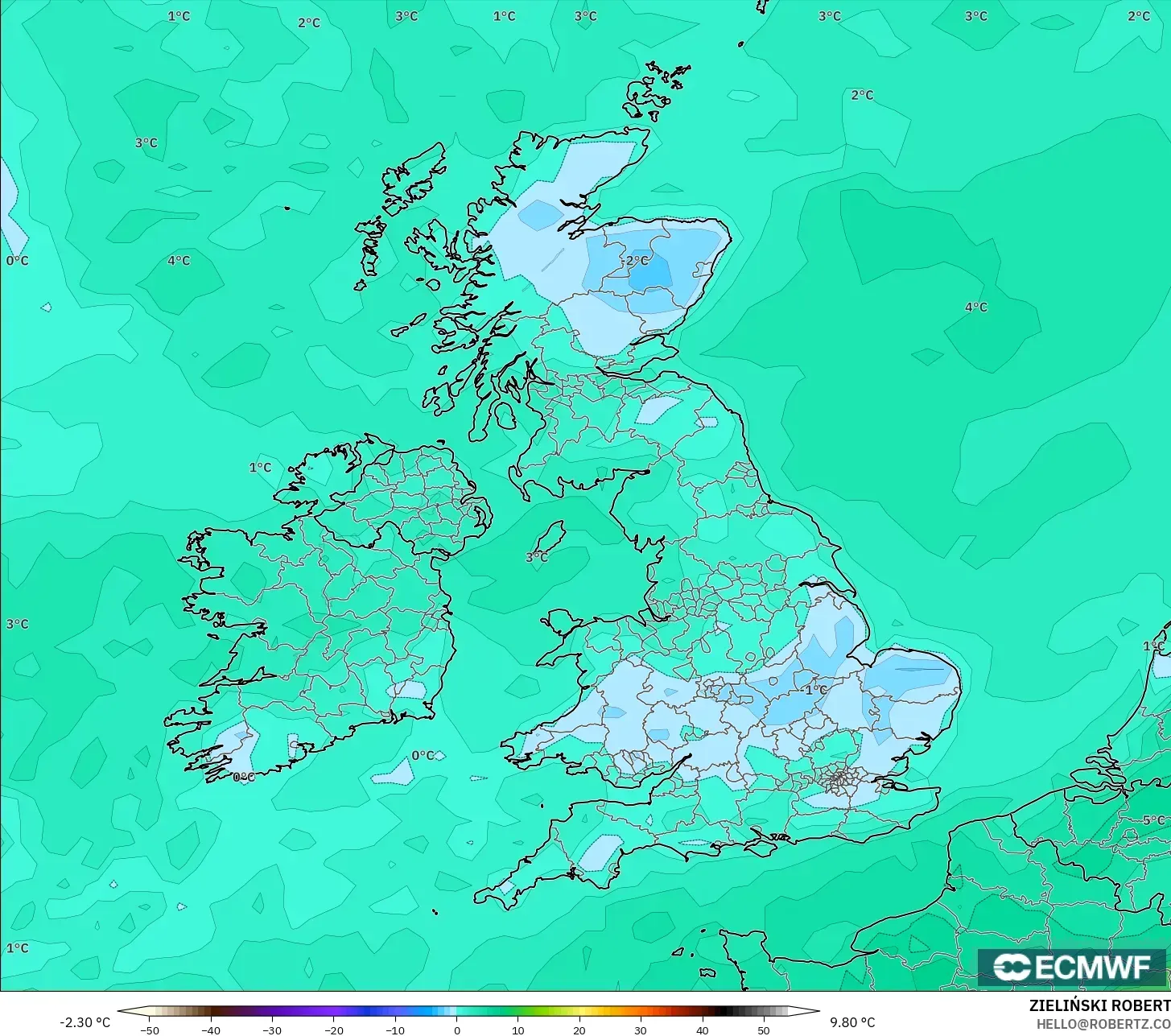 ECMWF IFS 0.25° model - Birleşik Krallık, 2 m Çiy Noktası