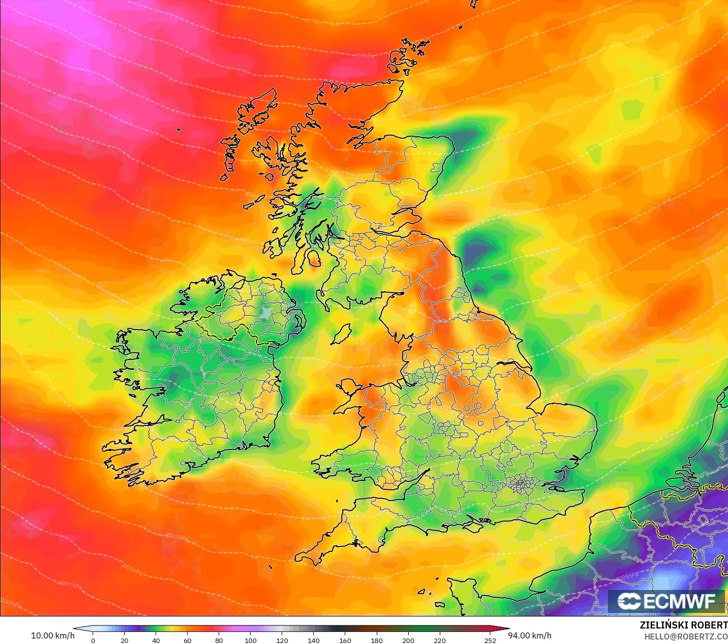 ECMWF IFS 0.25° model - Birleşik Krallık, Rüzgâr Esintileri