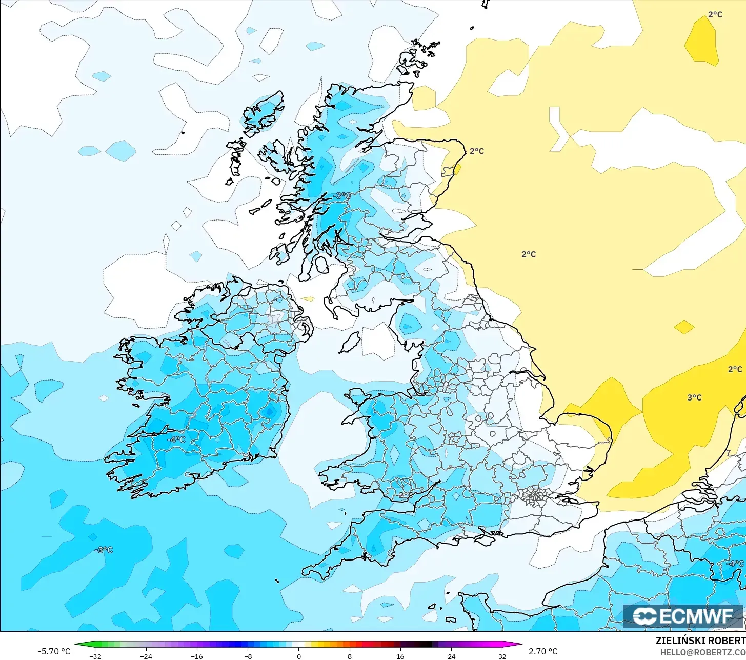 ECMWF IFS 0.25° model - Birleşik Krallık, 2 m Sıcaklık Anomalisi
