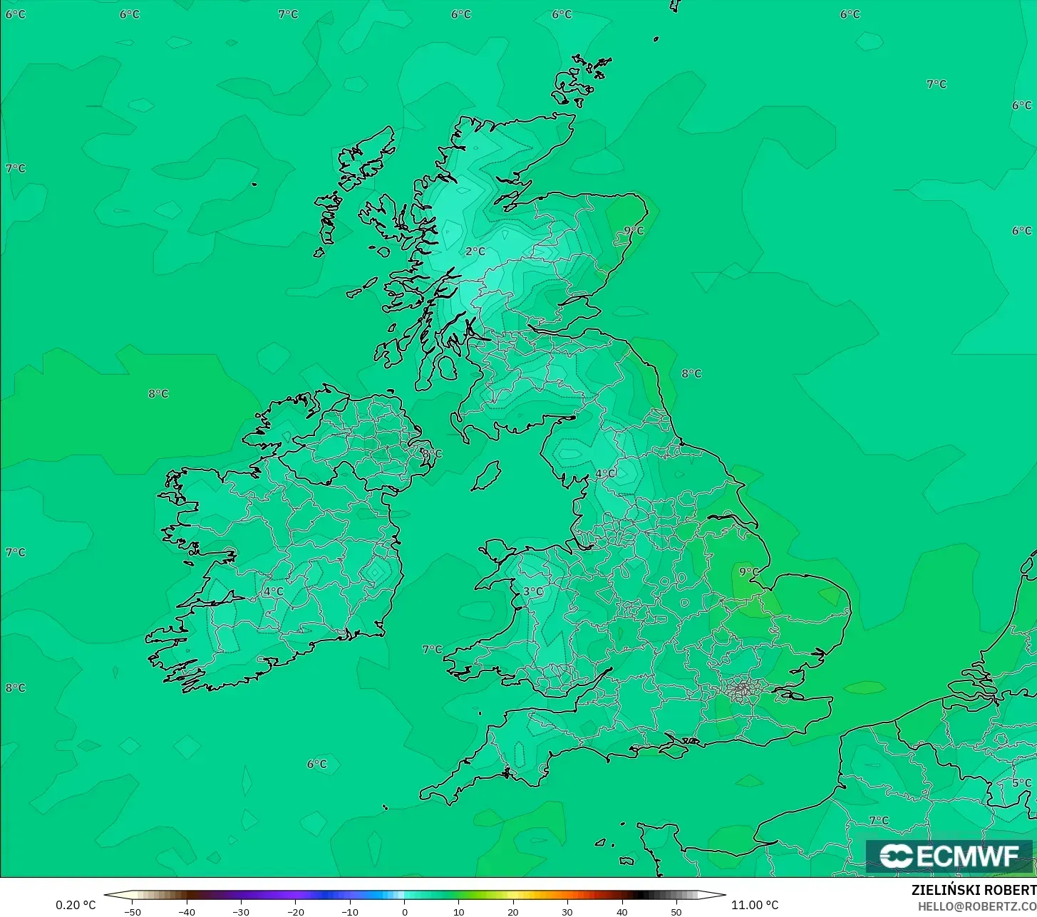 ECMWF IFS 0.25° model - Birleşik Krallık, 2 m Sıcaklık