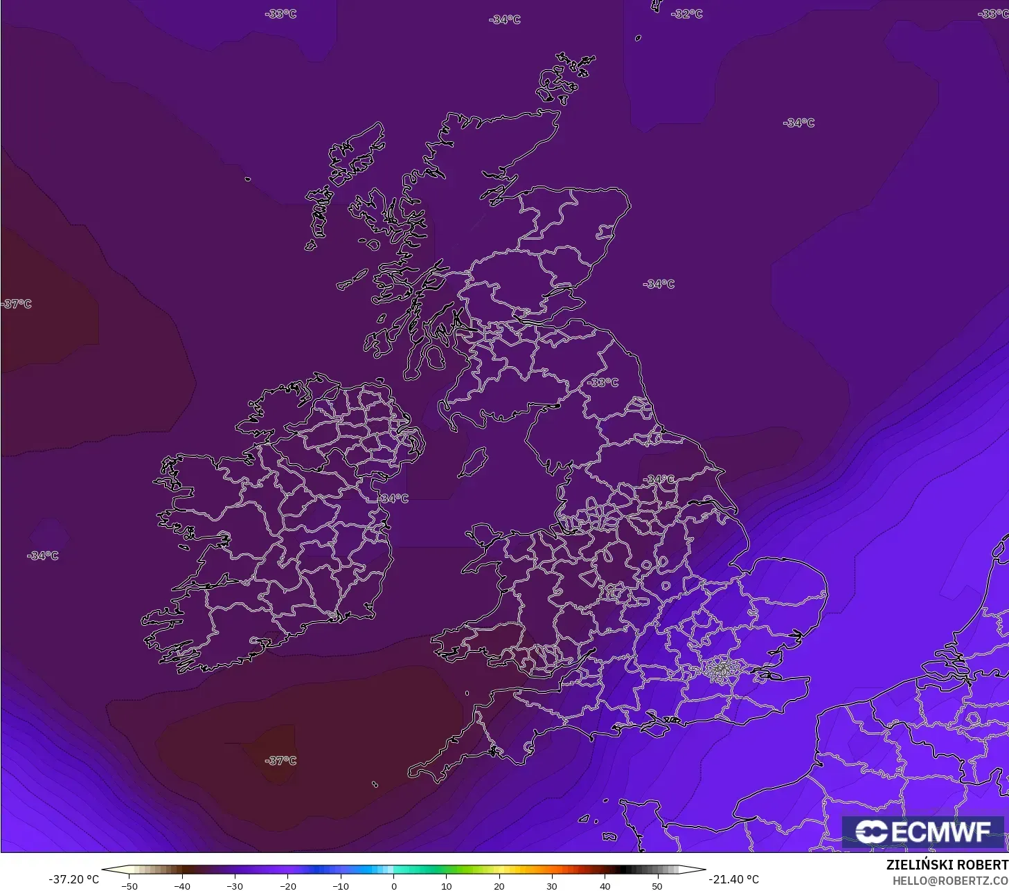 ECMWF IFS 0.25° model - Birleşik Krallık, 500 hPa Sıcaklık