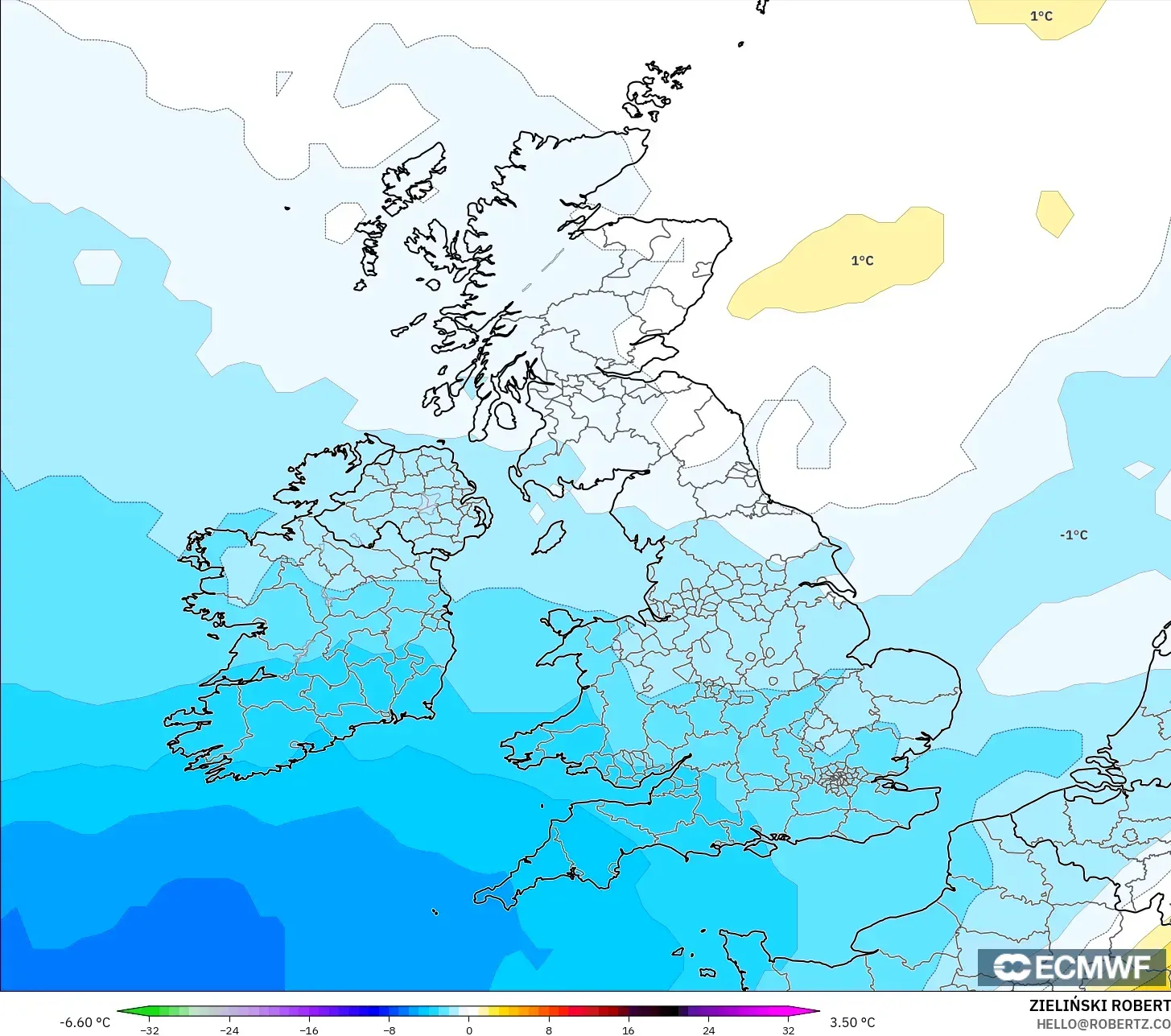 ECMWF IFS 0.25° model - Birleşik Krallık, 850 hPa Sıcaklık Anomalisi