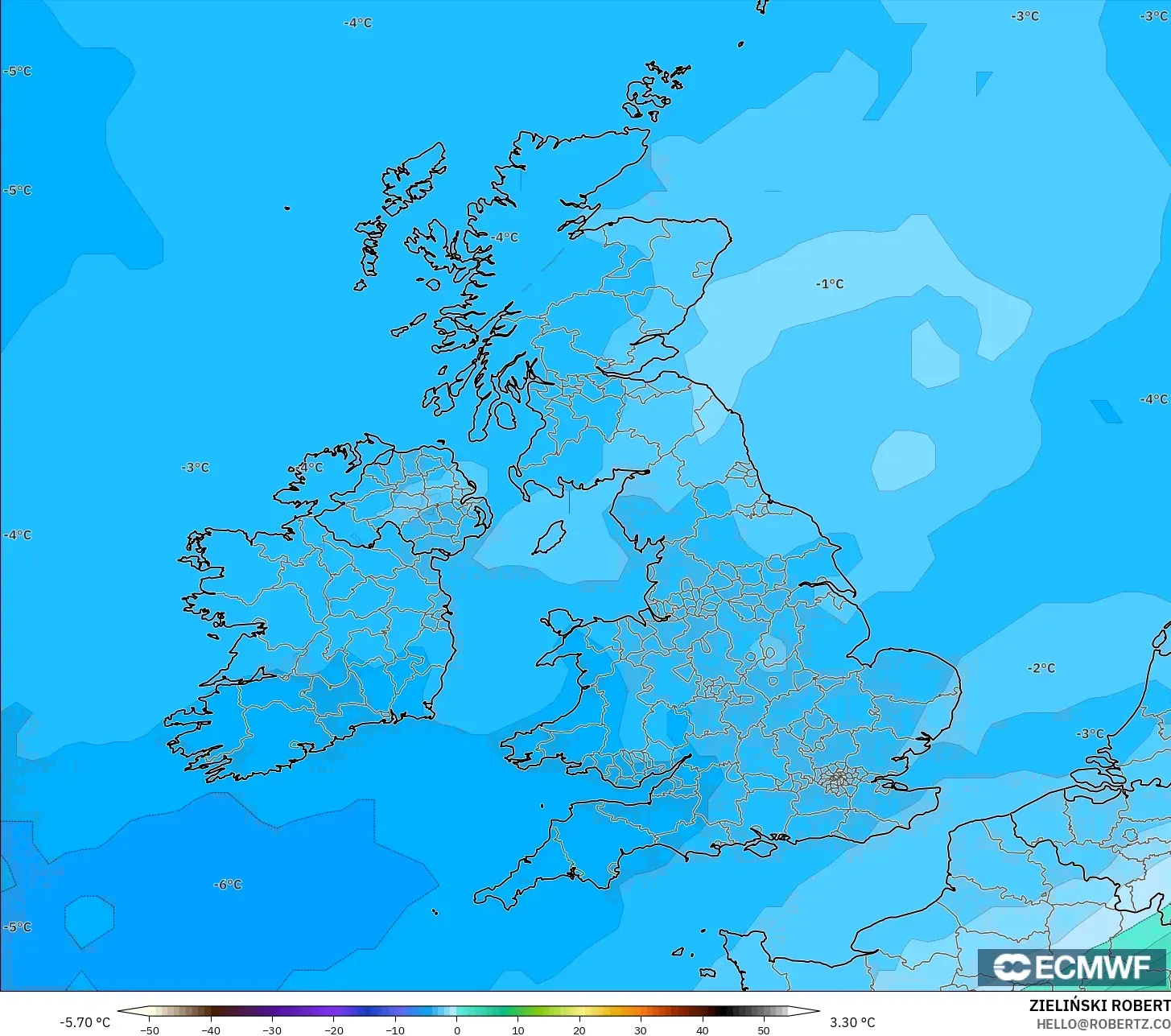 ECMWF IFS 0.25° model - Birleşik Krallık, 850 hPa Sıcaklık