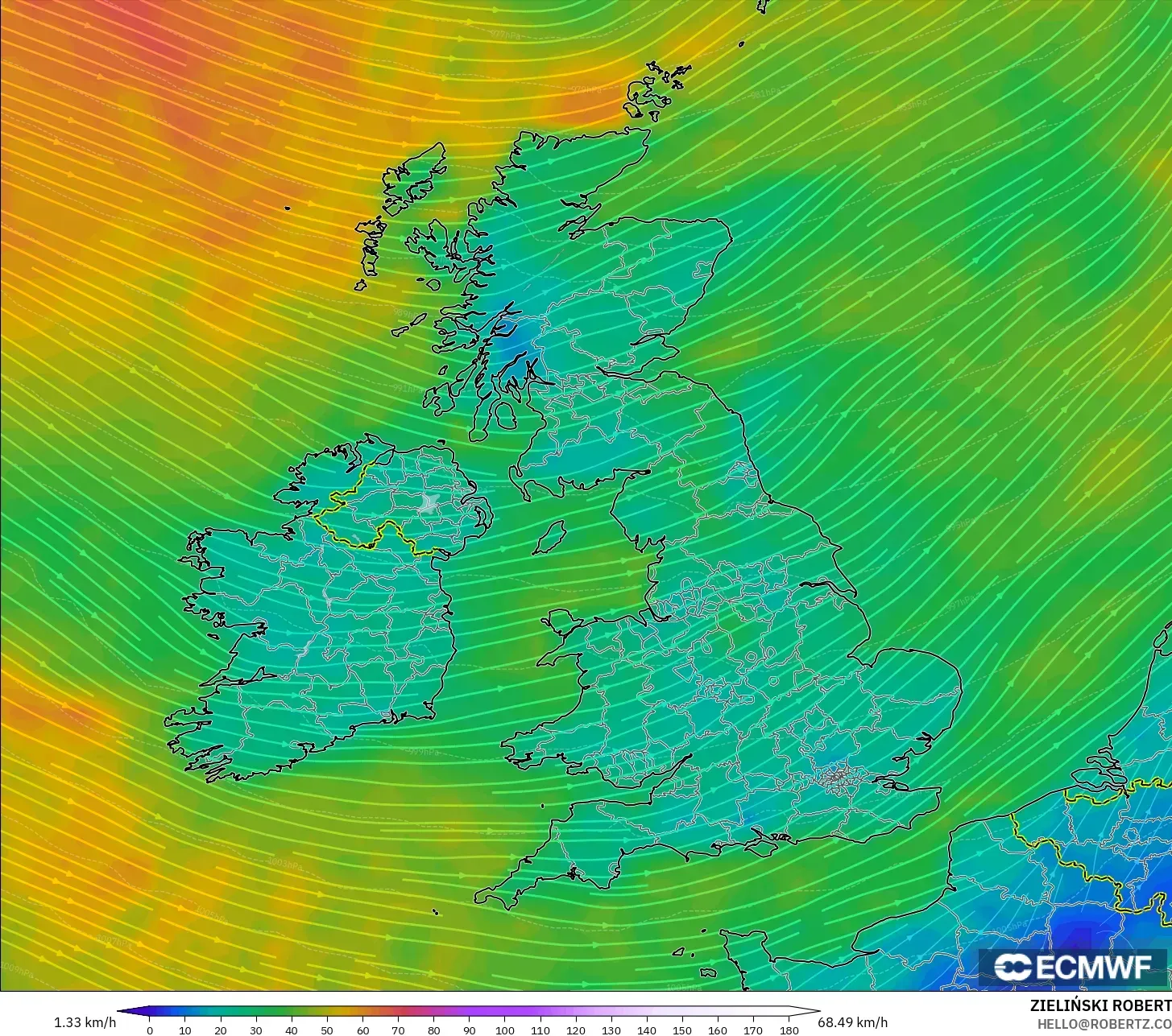 ECMWF IFS 0.25° model - Birleşik Krallık, 10 m Rüzgâr