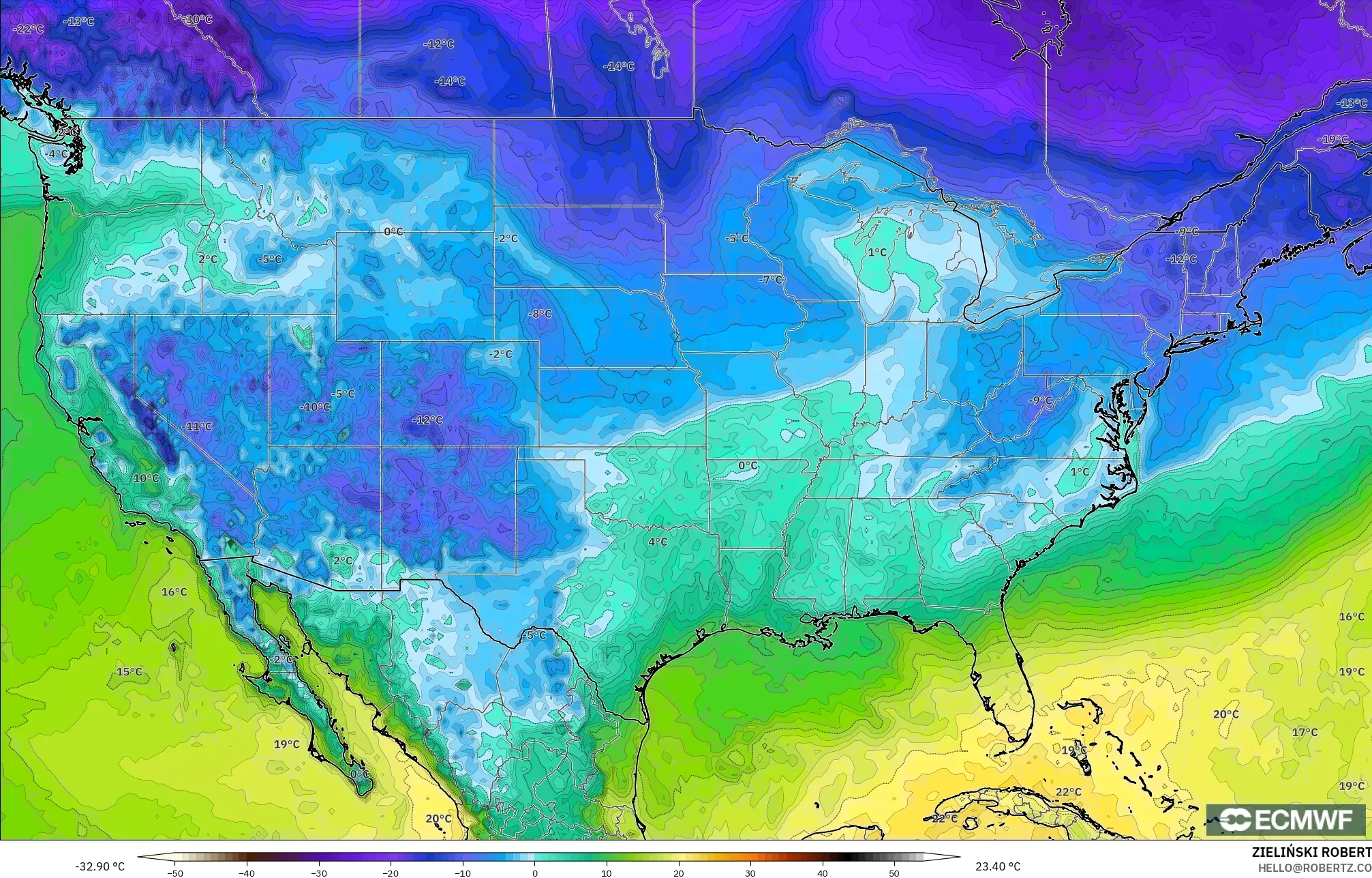 ECMWF IFS 0.25° model - Amerika Birleşik Devletleri, 2 m Çiy Noktası