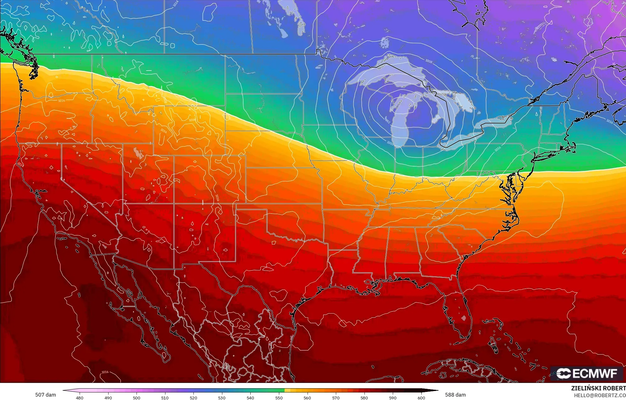 ECMWF IFS 0.25° model - Amerika Birleşik Devletleri, 500 hPa’da jeopotansiyel yükseklik