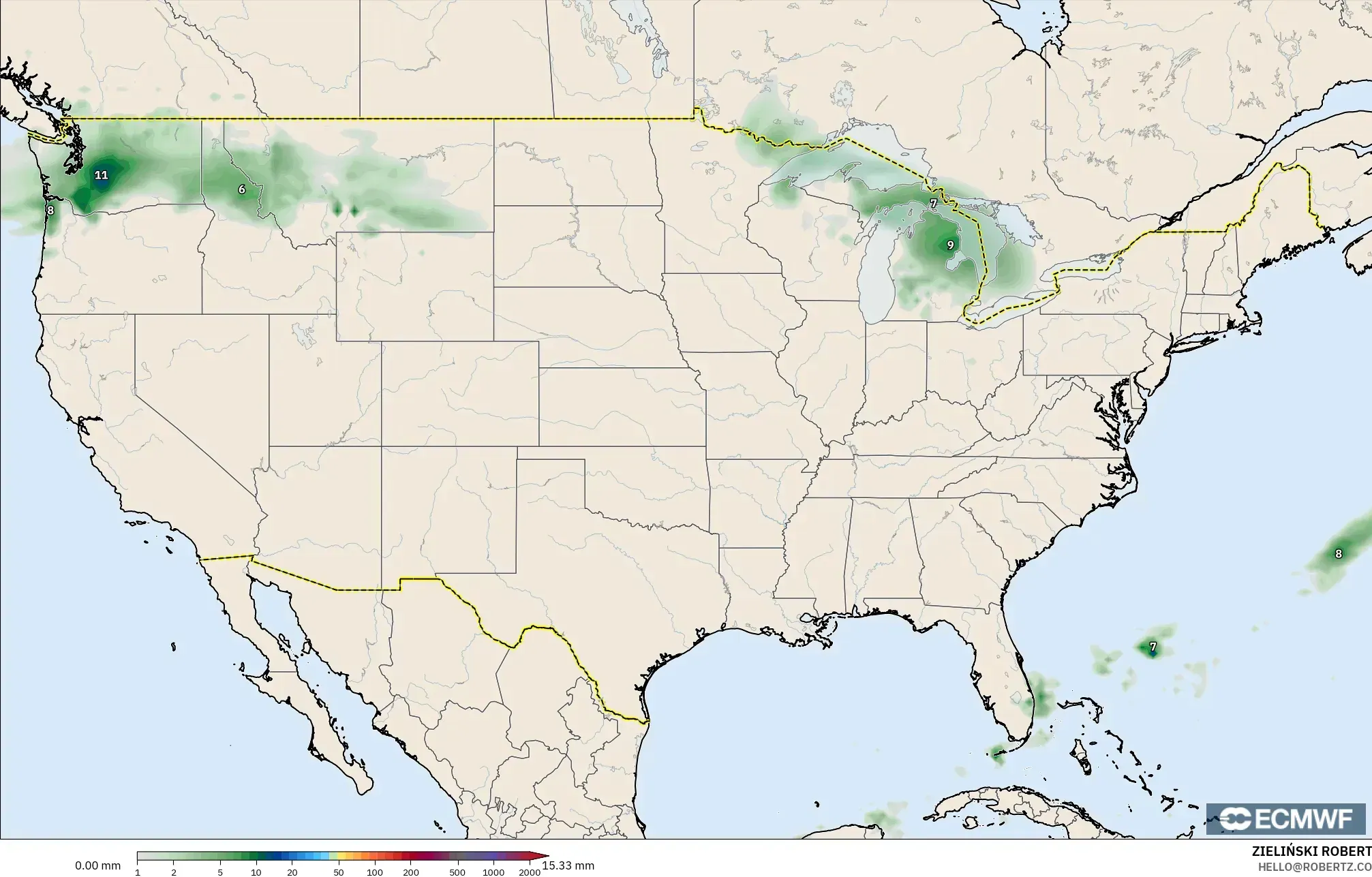ECMWF IFS 0.25° model - Amerika Birleşik Devletleri, Yağış Birikimi