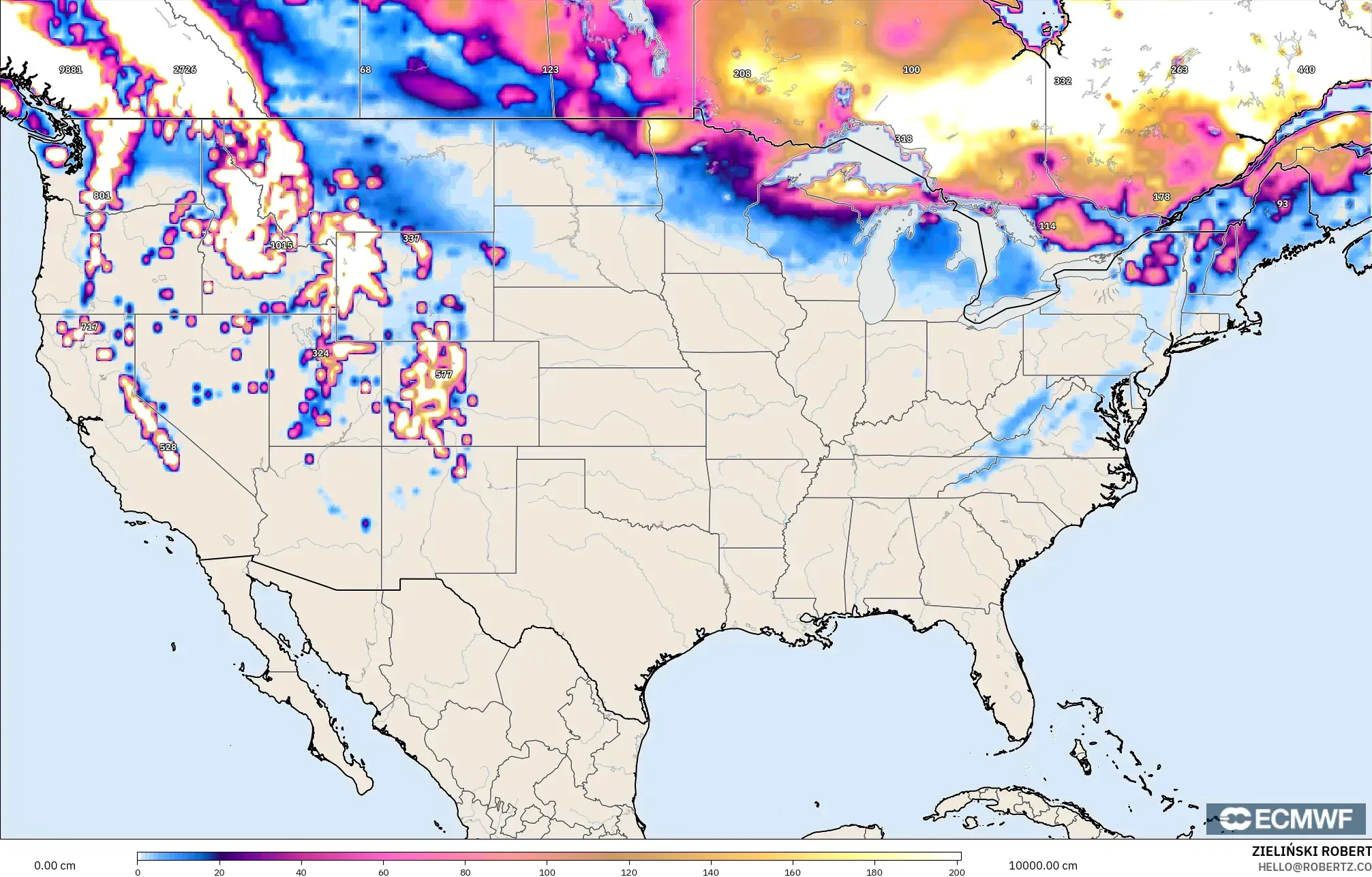 ECMWF IFS 0.25° model - Amerika Birleşik Devletleri, Kar Kalınlığı