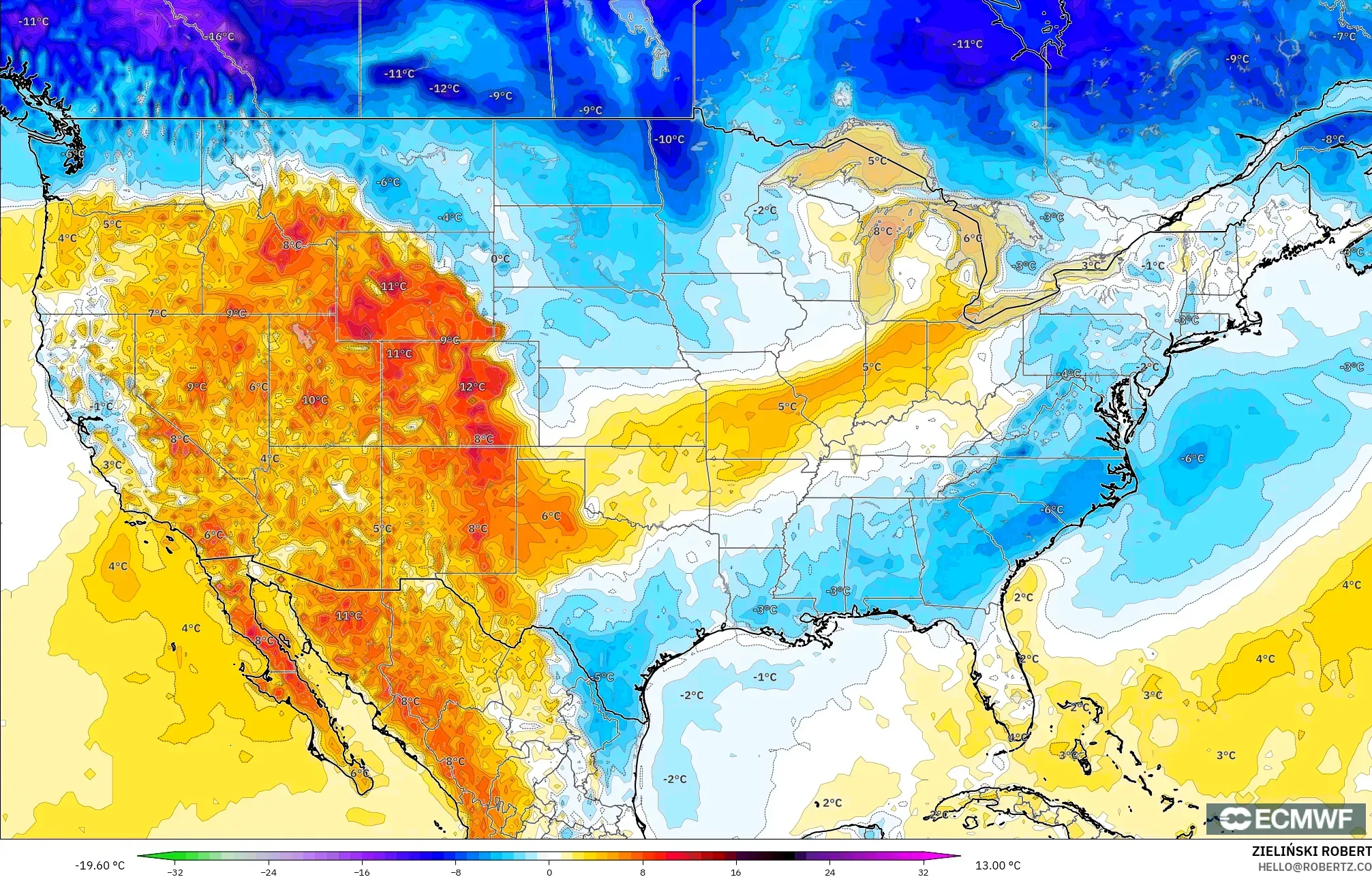 ECMWF IFS 0.25° model - Amerika Birleşik Devletleri, 2 m Sıcaklık Anomalisi