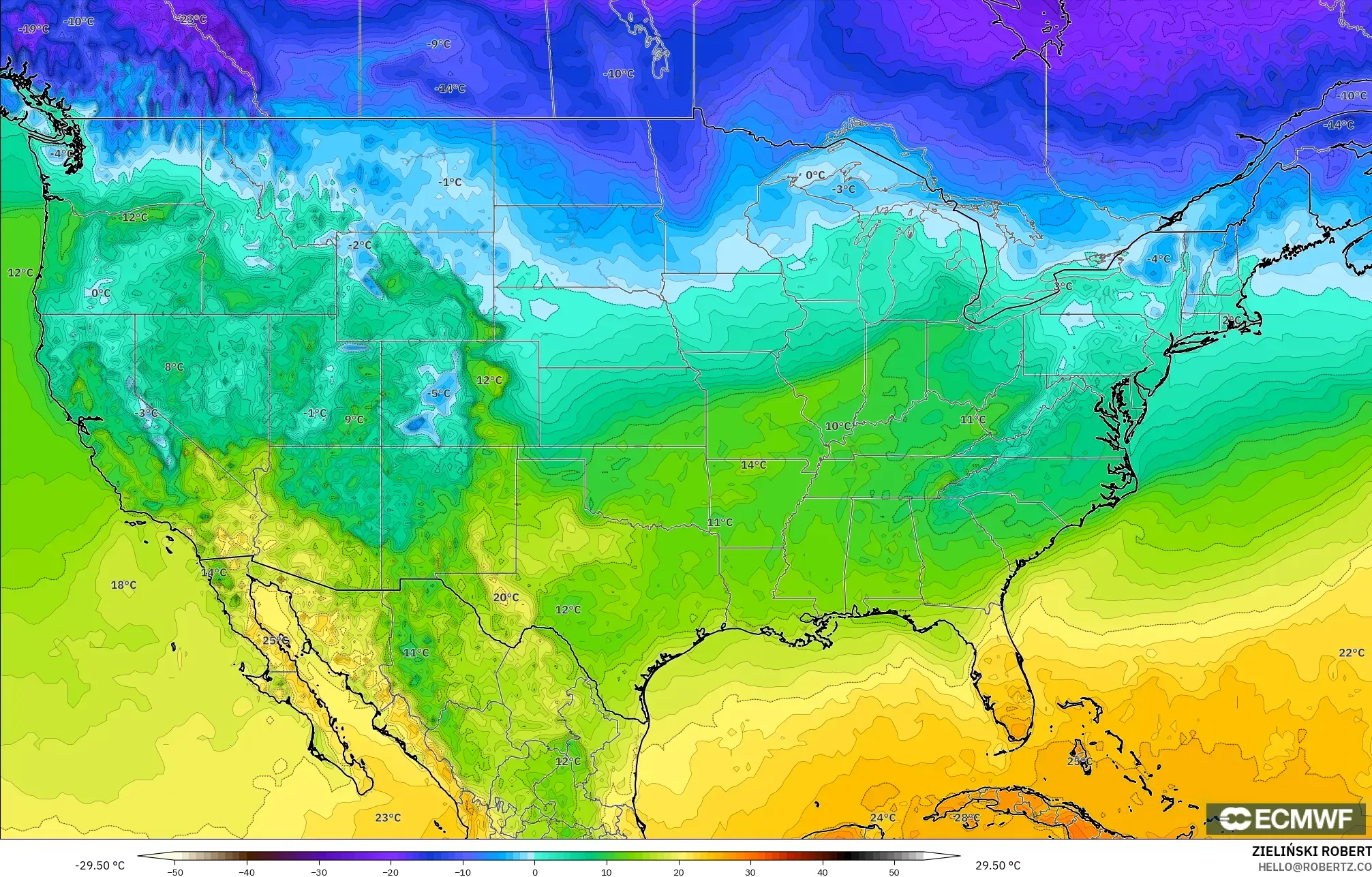 ECMWF IFS 0.25° model - Amerika Birleşik Devletleri, 2 m Sıcaklık
