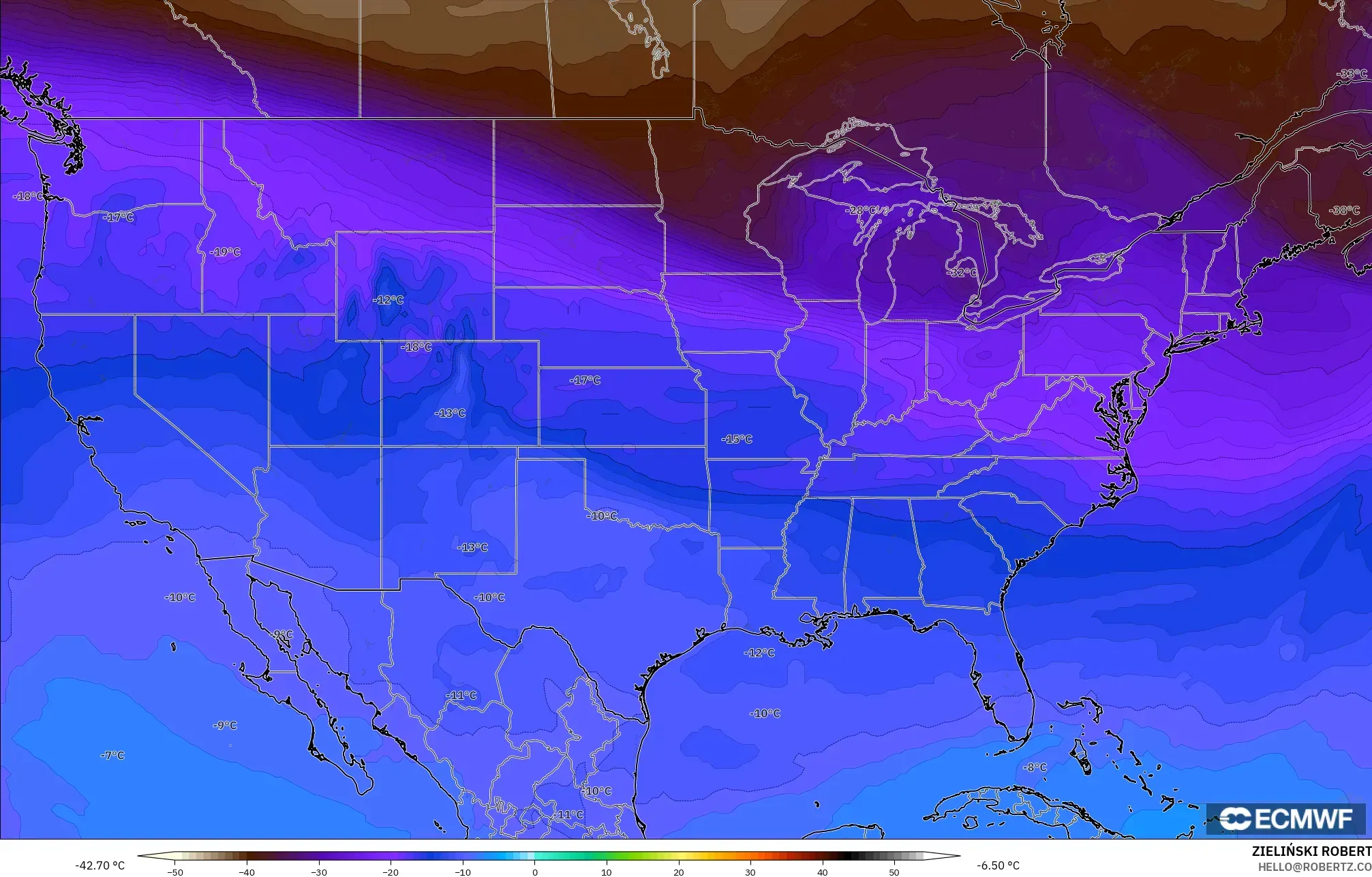 ECMWF IFS 0.25° model - Amerika Birleşik Devletleri, 500 hPa Sıcaklık