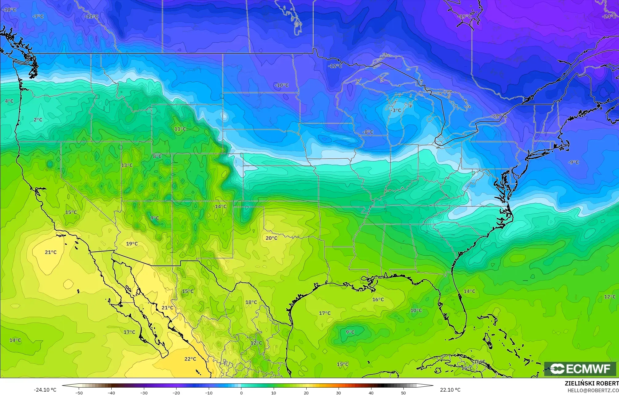 ECMWF IFS 0.25° model - Amerika Birleşik Devletleri, 850 hPa Sıcaklık